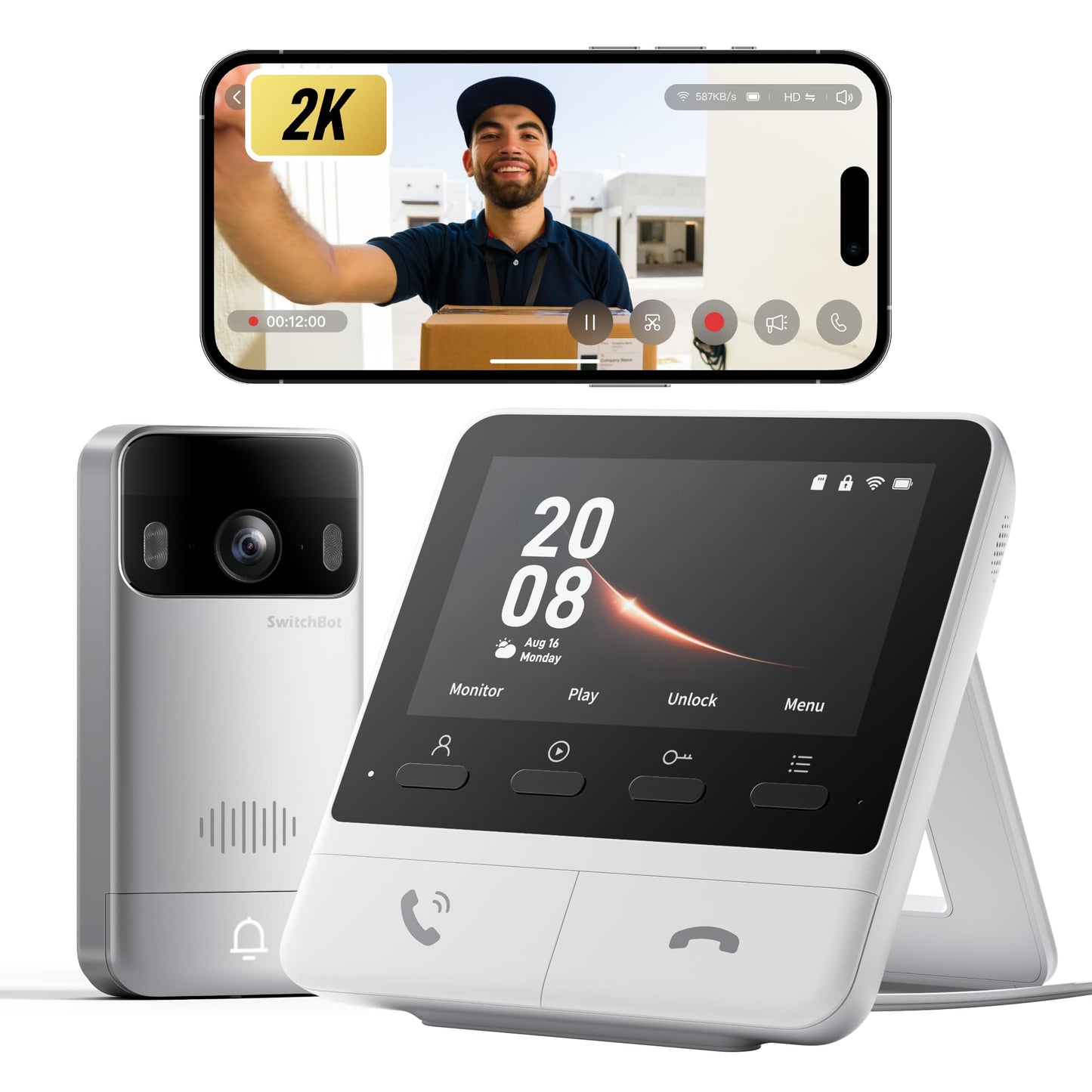 SwitchBot Video Doorbell Camera Wireless with Monitor, No Subscription, 4.3 Inch Screen, Battery Powered, Head-to-Toe View, 2K F