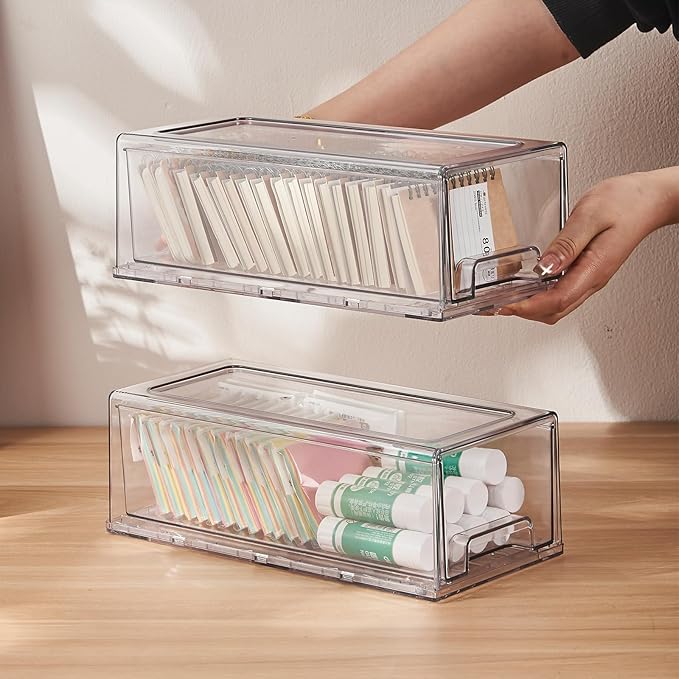 2 Pack Stackable Pull-Out Storage Drawers,Plastic Clear Organizer Bins with Handles,Easily Clean for Craft, and Toy Organization,Kitchen Undersink,Cabinet,Fridge,Closet,Pantry,Office,Bathroom