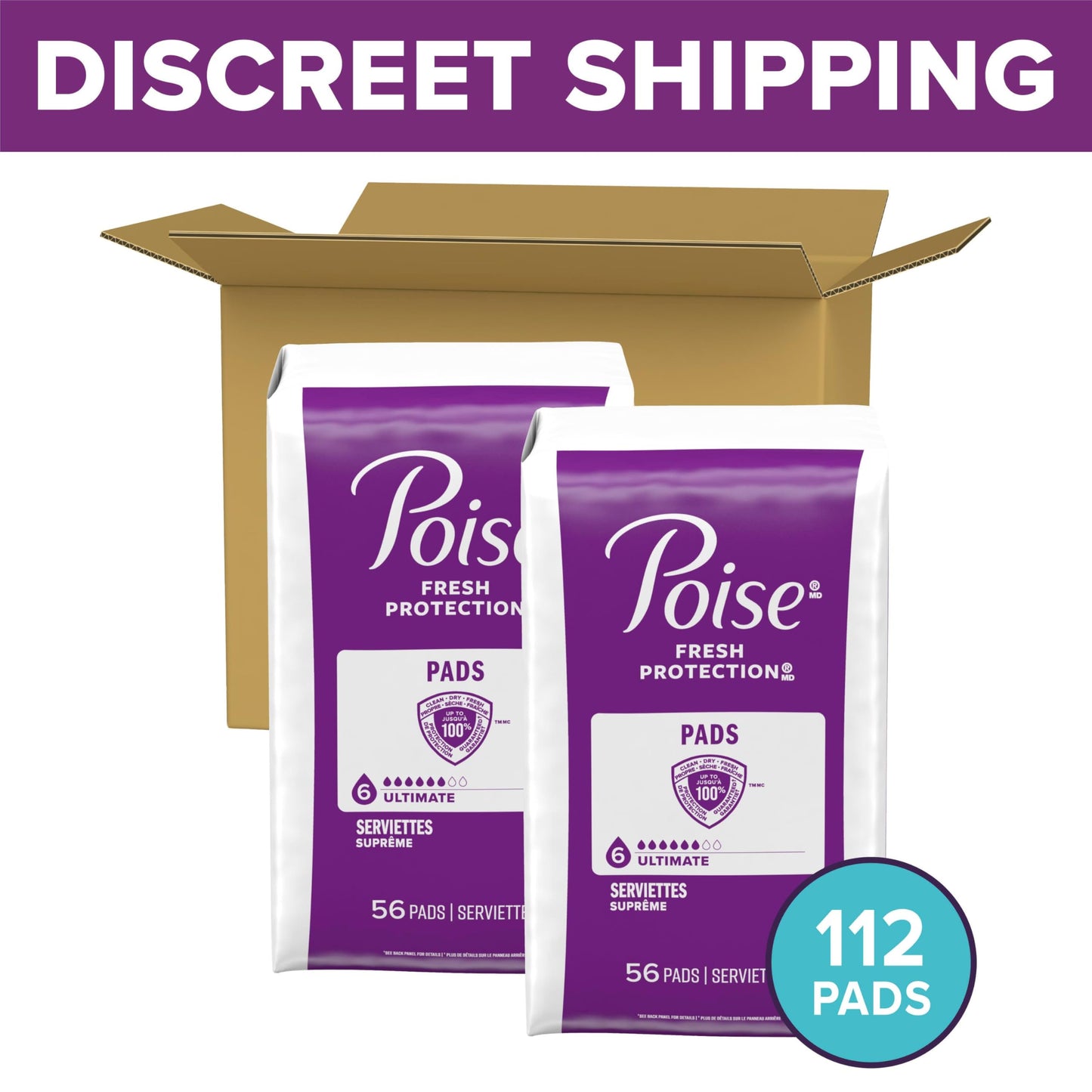 Poise Incontinence & Postpartum Pads for Bladder Leaks, 6 Drop Ultimate Absorbency, Regular Length, 112 Count, Packaging May Vary