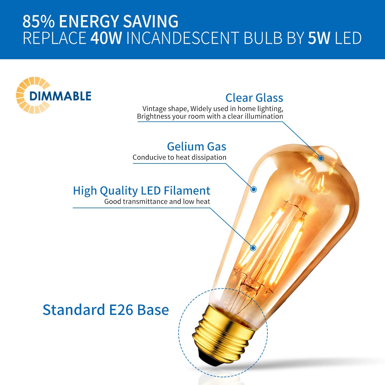ANWIO Vintage Edison LED Filament Bulb 5W Dimmable 2500K Warm White E26 Amber Glass 6 Pack