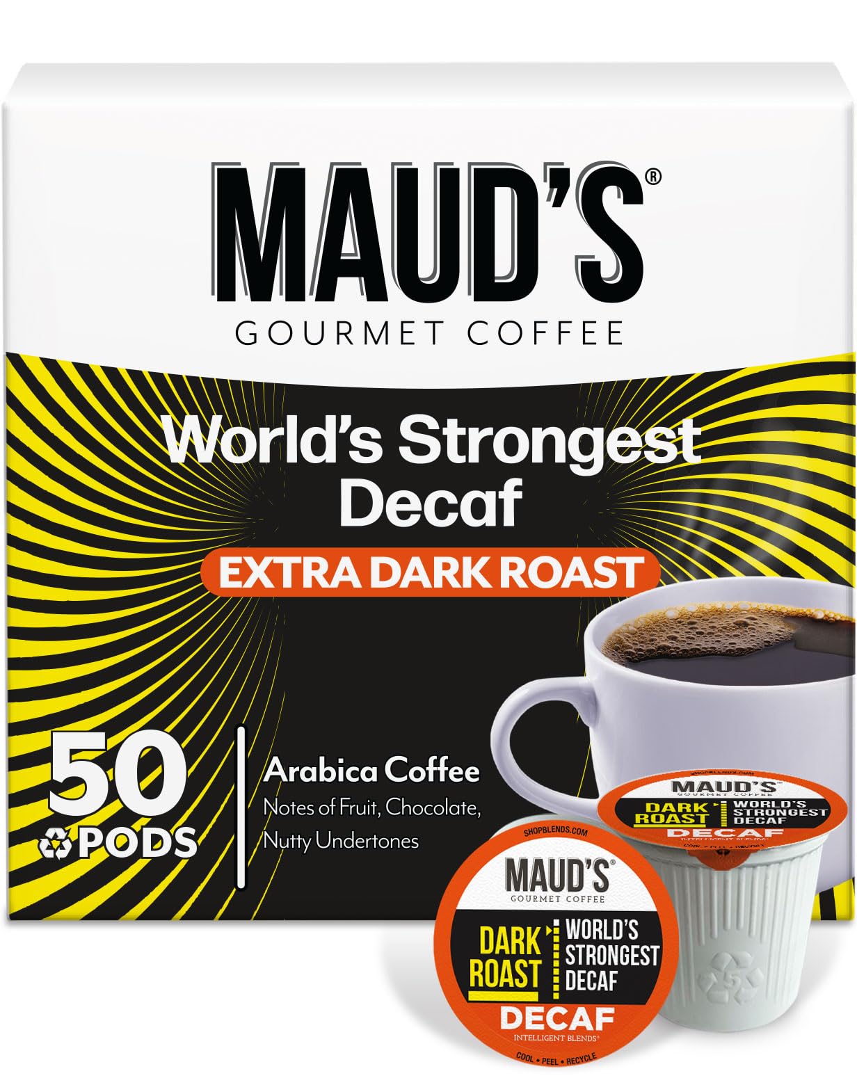 Mauds Worlds Strongest Decaf Coffee Pods 50ct Decaffeinated Dark Roast Coffee in Recyclable Single Serve Pods - 100% Arabica Coffee Compatible with Keurig K Cups Maker