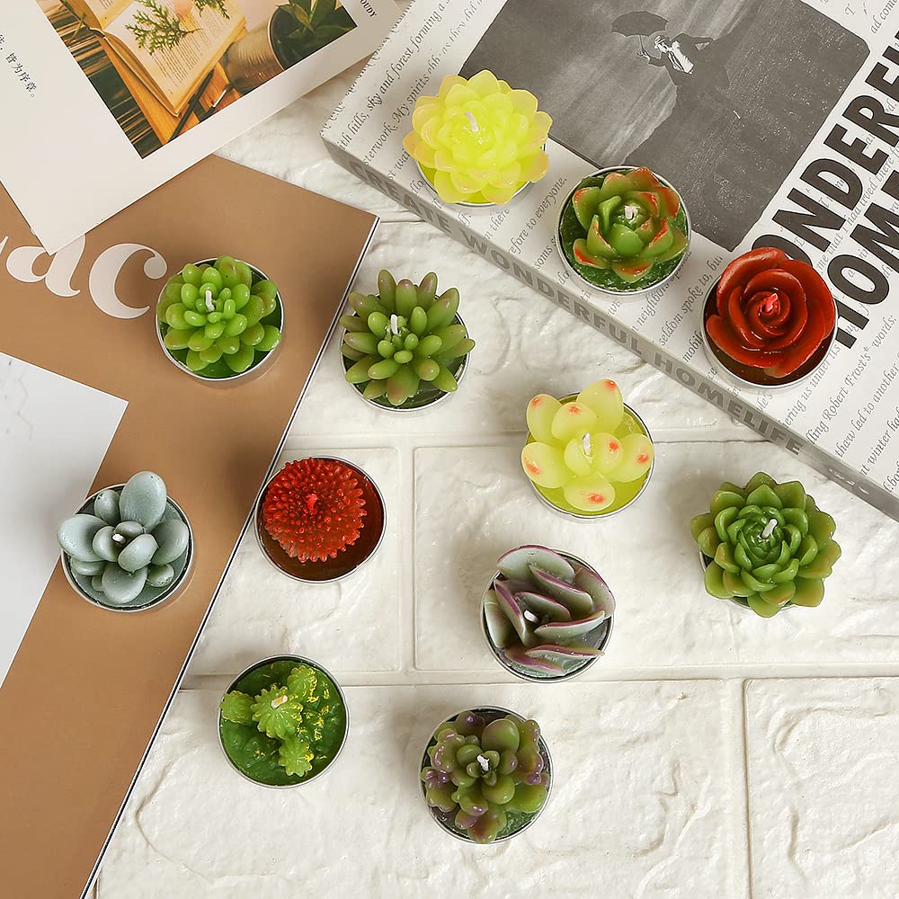 SSleng 12pcs Cactus Tealight Candles, Handmade Paraffin Wax, 1.57in, Decorative Succulent Candles for Parties, Weddings, Home Decor