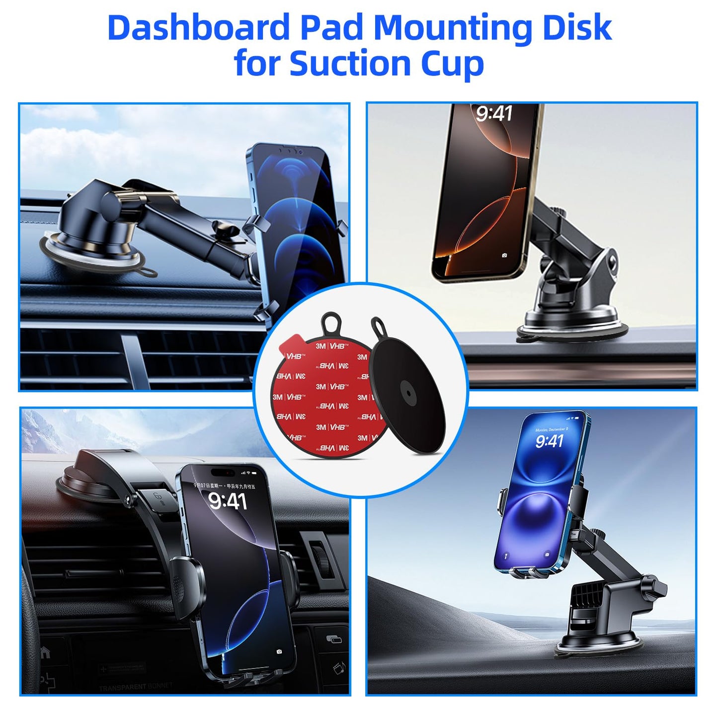 Dashboard Pad Mounting Disk For Suction Cup, 3.75 Large Plastic 3M Extra Strong Adhesive Disc For Dash Windshield Holder, Cam