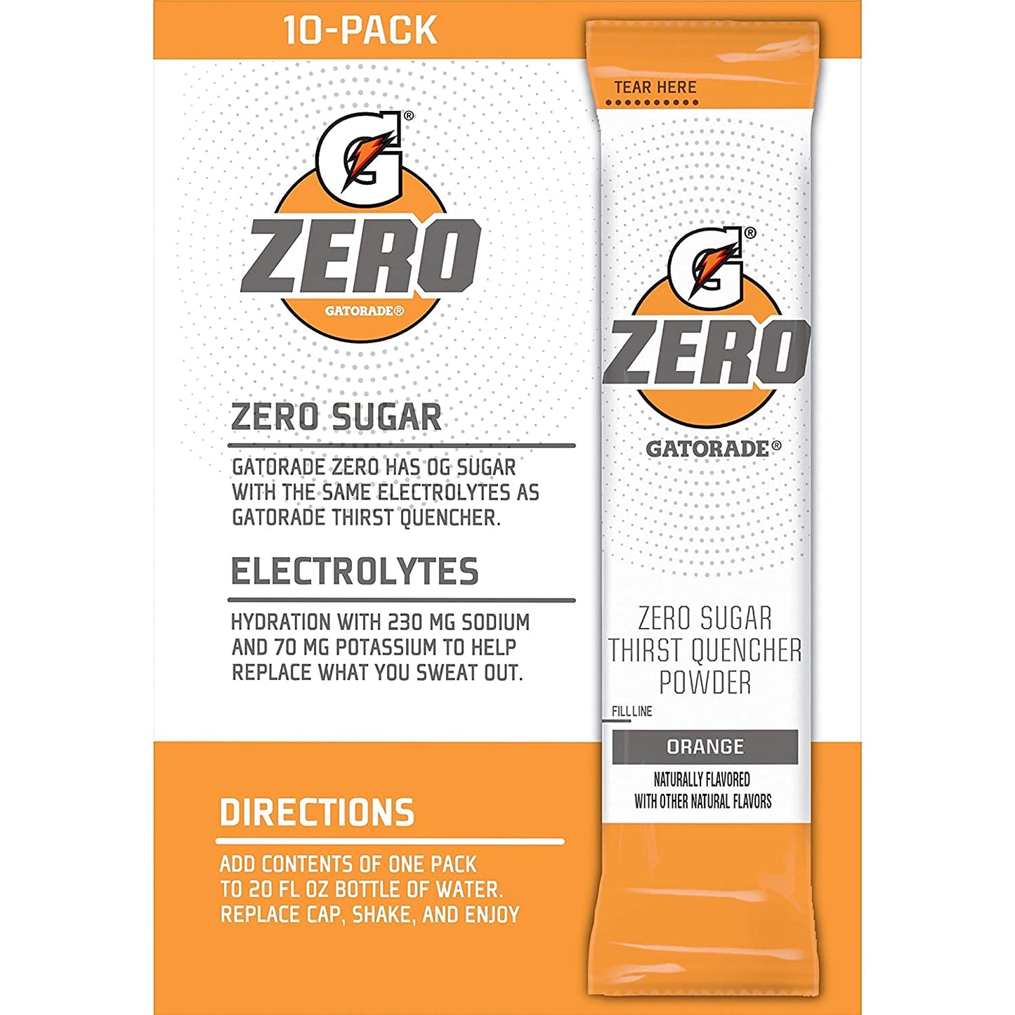 The Gatorade Gatorade G Zero, Sugar Free Powder Sticks, 0.10oz Packets (Mixes with 20 ounces of Water) 10 Pack (Orange), 20 Fl O