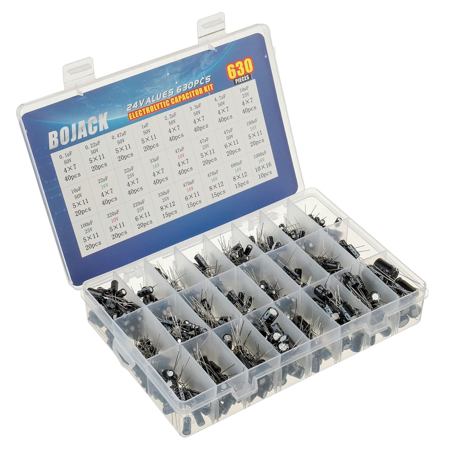 BOJACK 24Value 630pcs Aluminum Electrolytic Capacitor Assortment Box Kit Range 0.1uF-1000uF