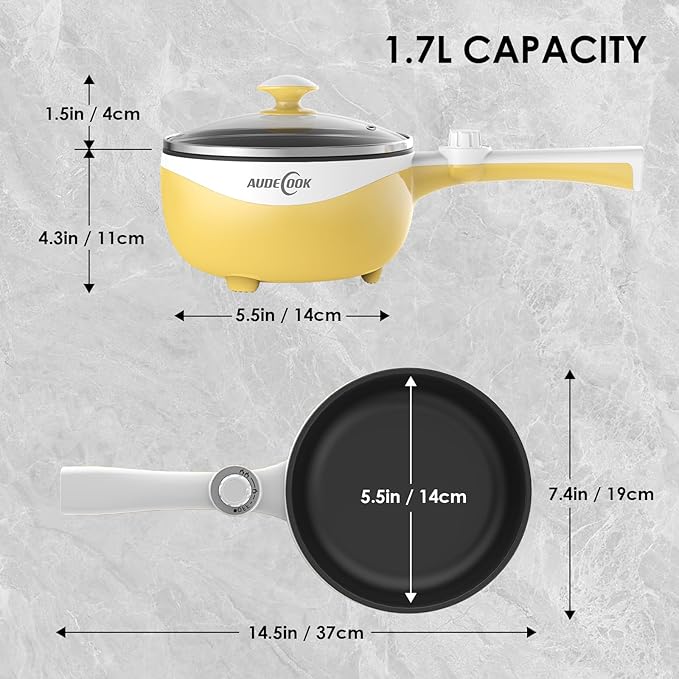 Audecook Hot Pot Electric, 1.7L Mini Electric Skillet Portable Nonstick Sauté Pan with Power Adjustment, Ramen Cooker Travel Multicooker for Steak/Soup/Egg/Oatmeal/Noodles (Tongs for Cooking Included)