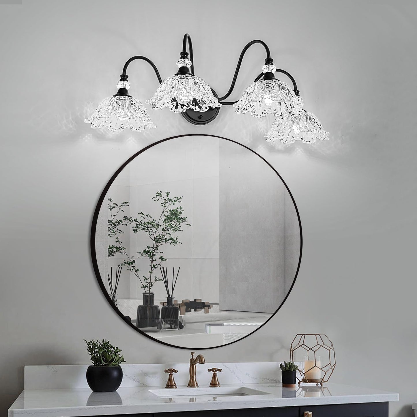 Sunkryster 4-Light Matte Black Bathroom Vanity Light Farmhouse Vanity Light With Floral Clear Glass Shades Vintage Wall Mount Lighting For Bathroom