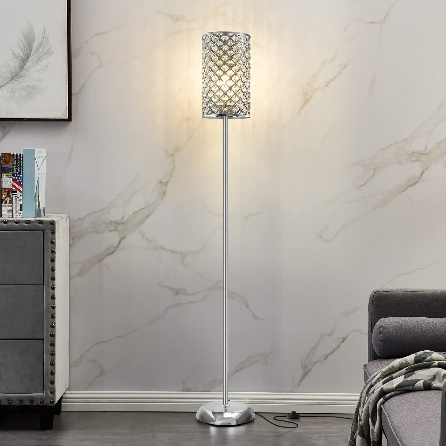 Gyrovu Elegant Silver Metal Floor Lamp, 66.5 Tall With On/Off Foot Switch, Modern Accent Light For Living Room, Bedroom, Office