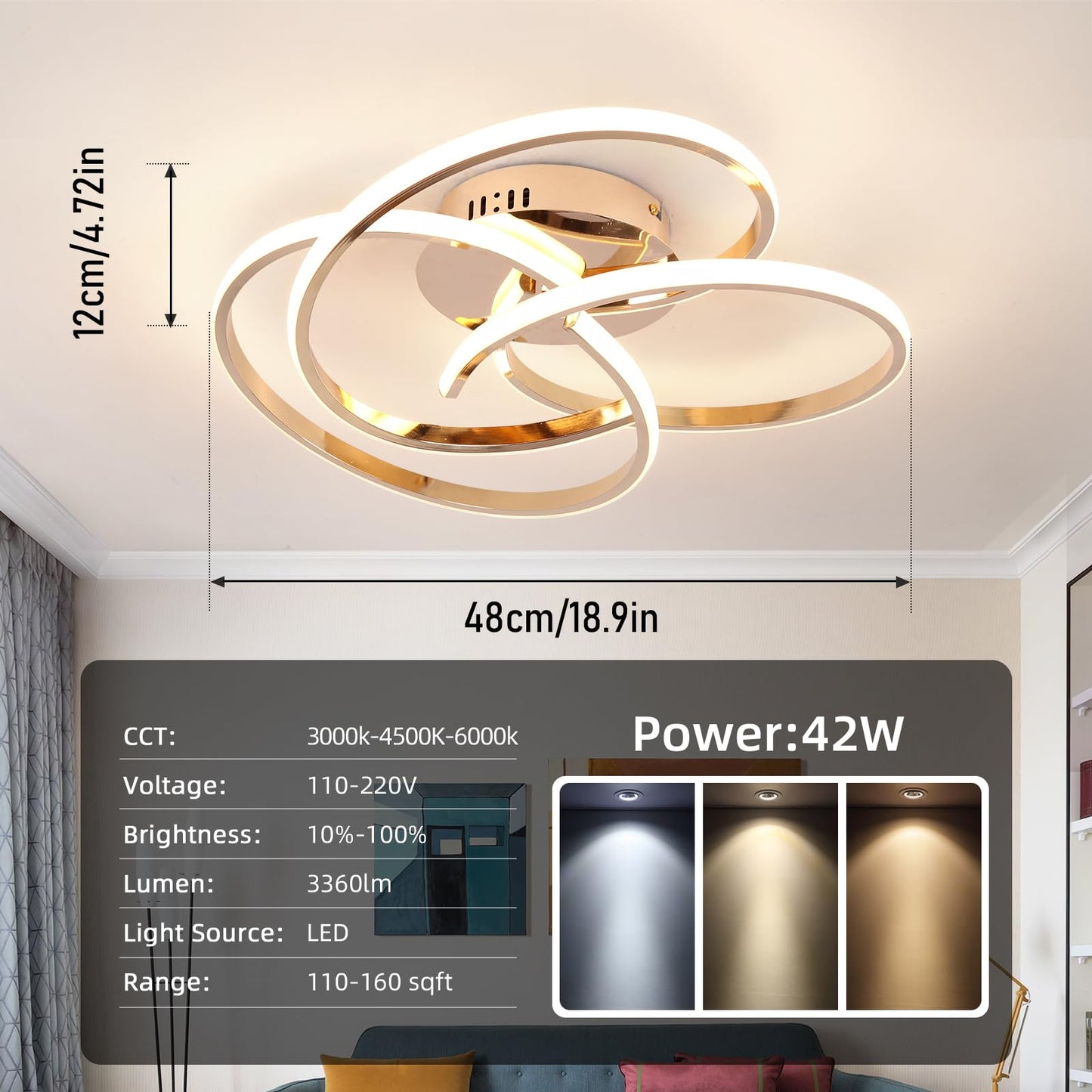 CANEOE Modern LED Ceiling Light Fixture, 42W, Dimmable, Remote Control, Curve Design, Rose Gold, Model CL-3BHFGJ-D