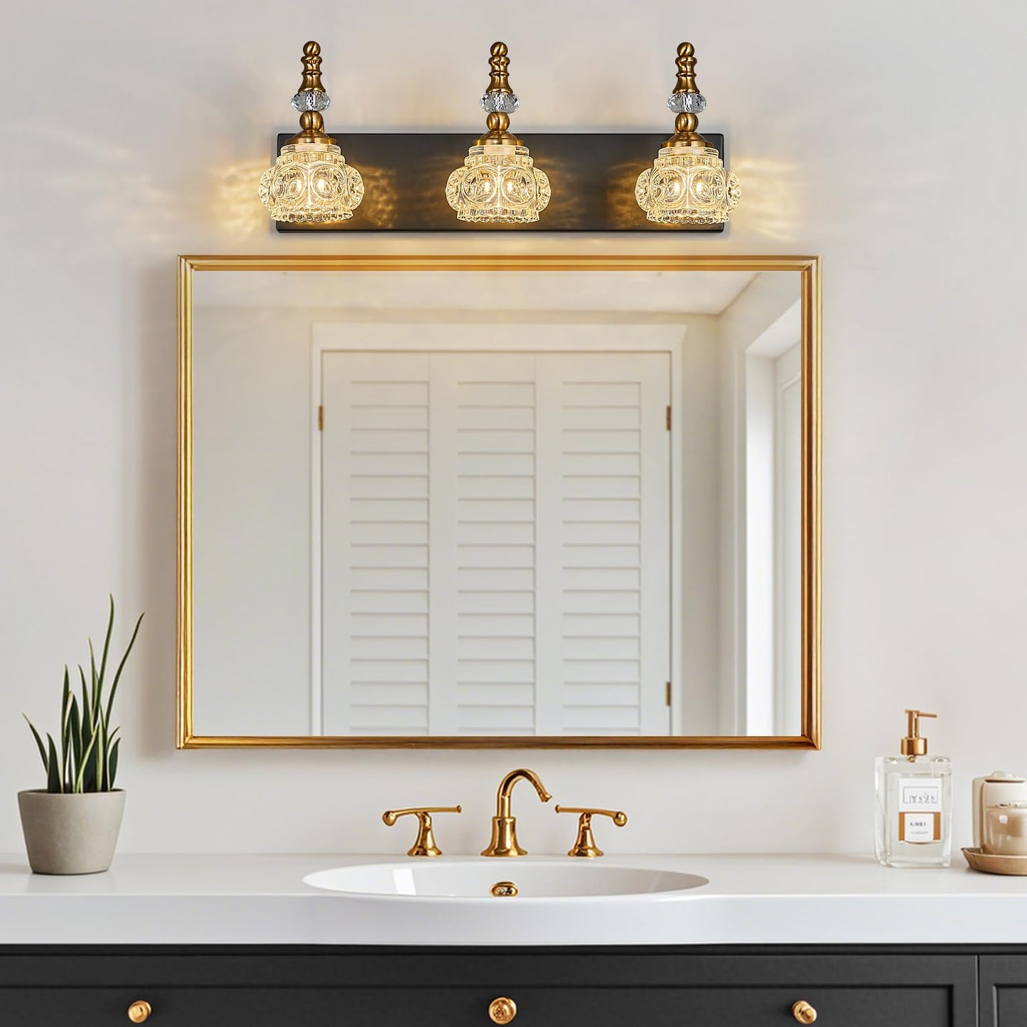 Lbsqj Bathroom Light Fixtures Modern Glass Crystal Vanity Light Vintage Bathroom Lighting Fixtures Over Mirror 3 Light Vanity Lights G9 Bulb (19.68 Inch Black Gold)