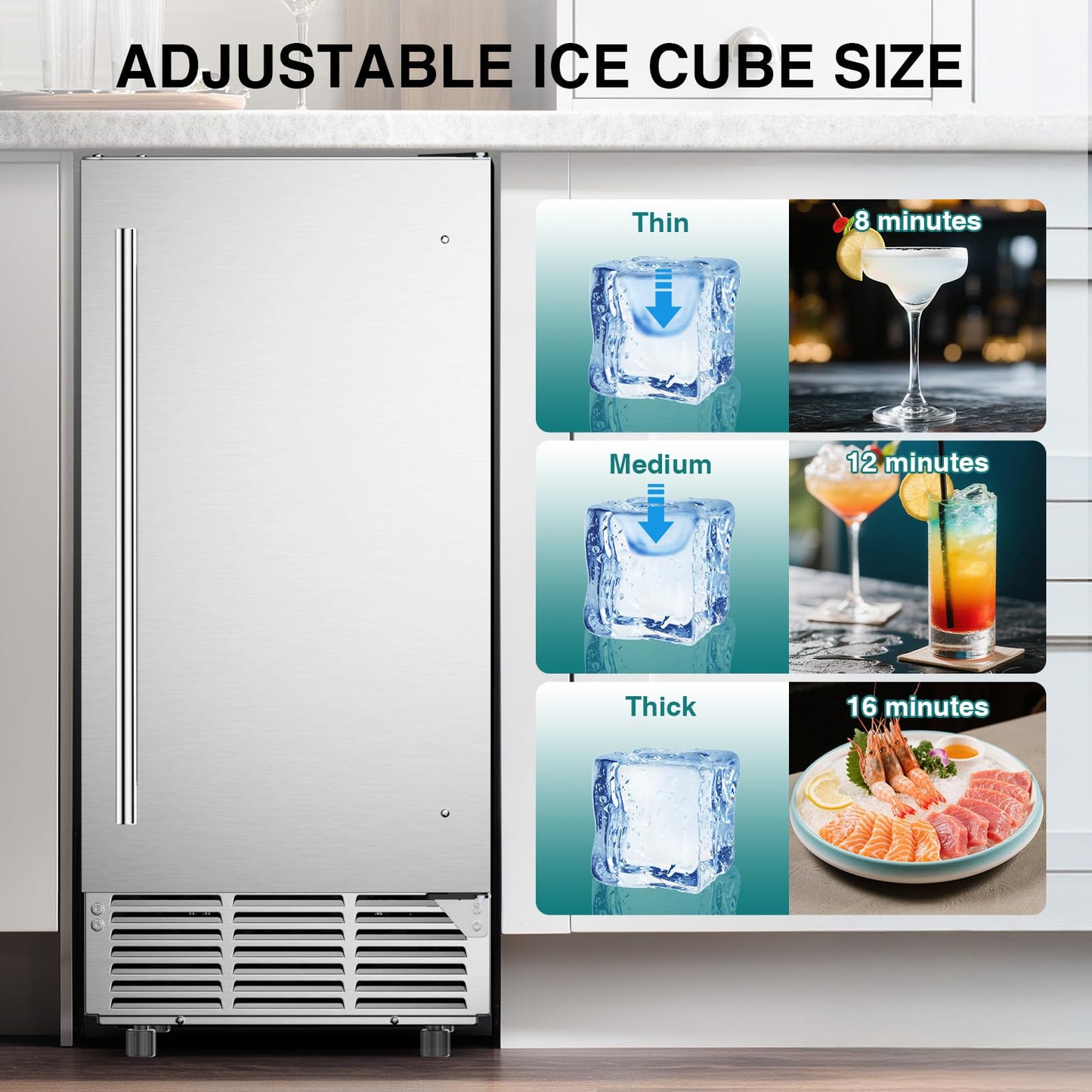 15" W Commercial Under Counter Ice Maker Machine,85 Lbs/Day with 30 LBS Storage Bin,Bulit-in Freestanding Ice Maker,Stainless Steel Under Cabinet Ice Machine,Self Cleaning,Thicknesses Adjustable