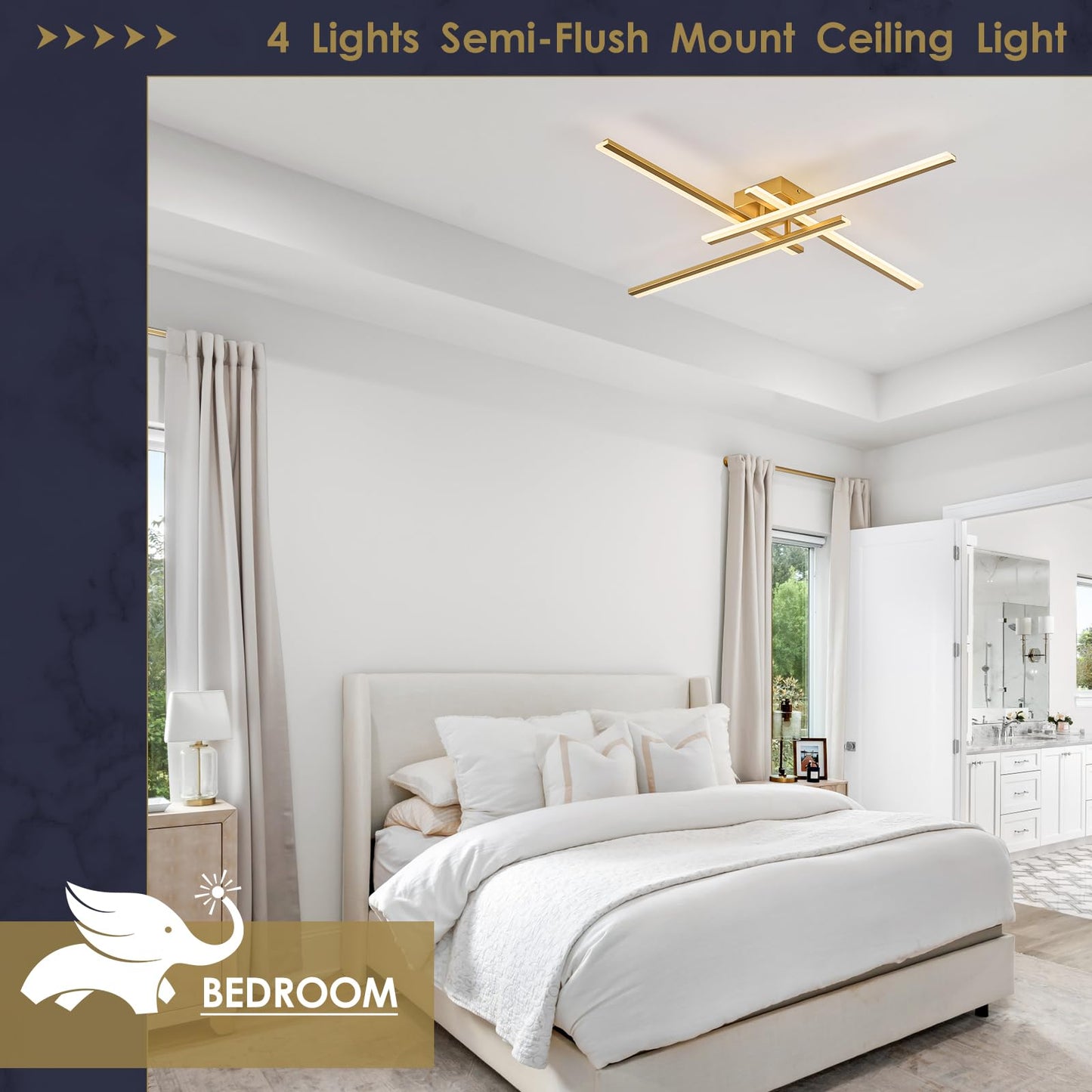 Airyphant Gold Modern Led Chandelier 4-Lights Semi-Flush Mount Ceiling Lighting Fixture 35.4 Dimmable Remote Control Ceiling Light For Living Room Bedroom Kitchen Foyer
