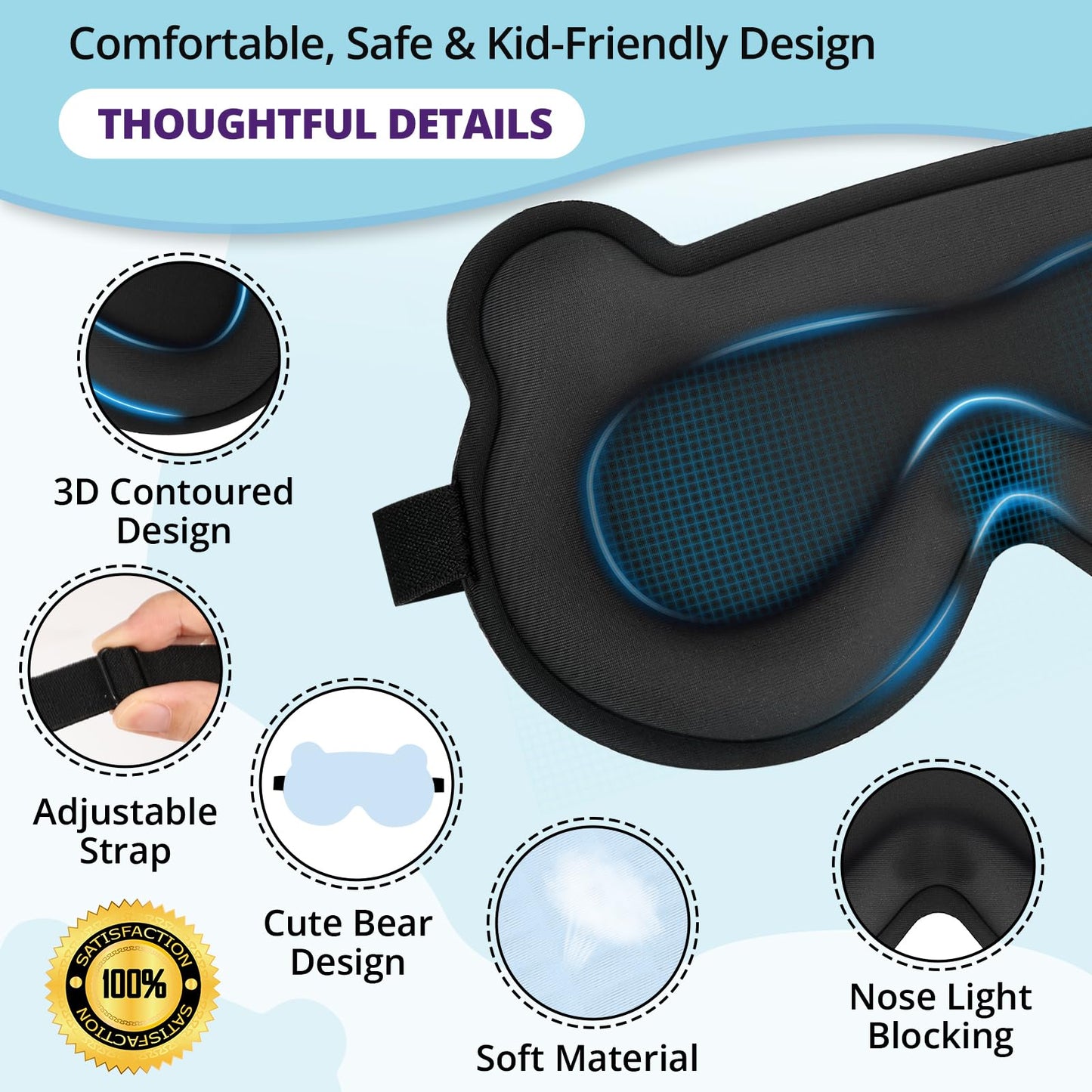 Kids Sleep Mask, 3D Sleeping Eye Mask for Kids with Adjustable Elastic Strap, Bear Shape Eye Cover with Memory Foam, Soft & Light-Blocking, Gift for Boys Girls Teens Age 5–15 (Blue)