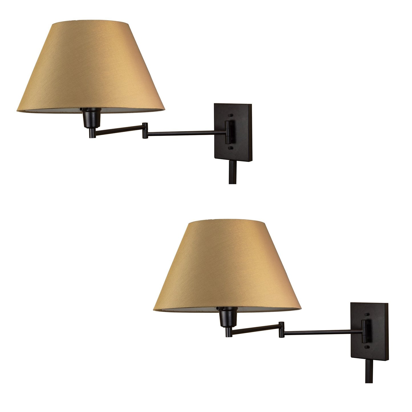 Kira Home 15in Swing Arm Wall Lamp - Plug-in/Wall Mount, 150W 3-Way, Metal, Black Finish, Golden Bronze Shade, Model RV-W7489-BK