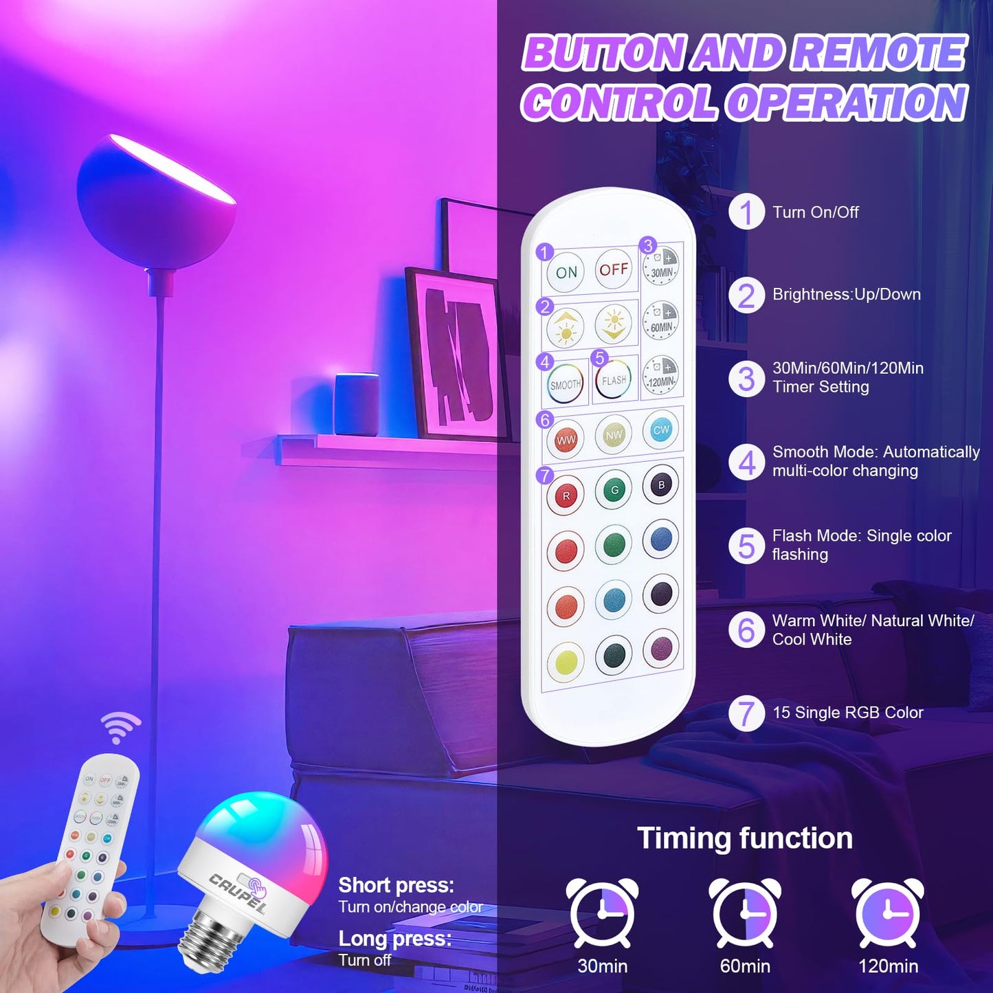 Caupel RGBCW Rechargeable LED Light Bulbs, E26, 60W Equivalent, 500 Lumens, 3 Color Temperatures, 2 Pack, Model RB-05