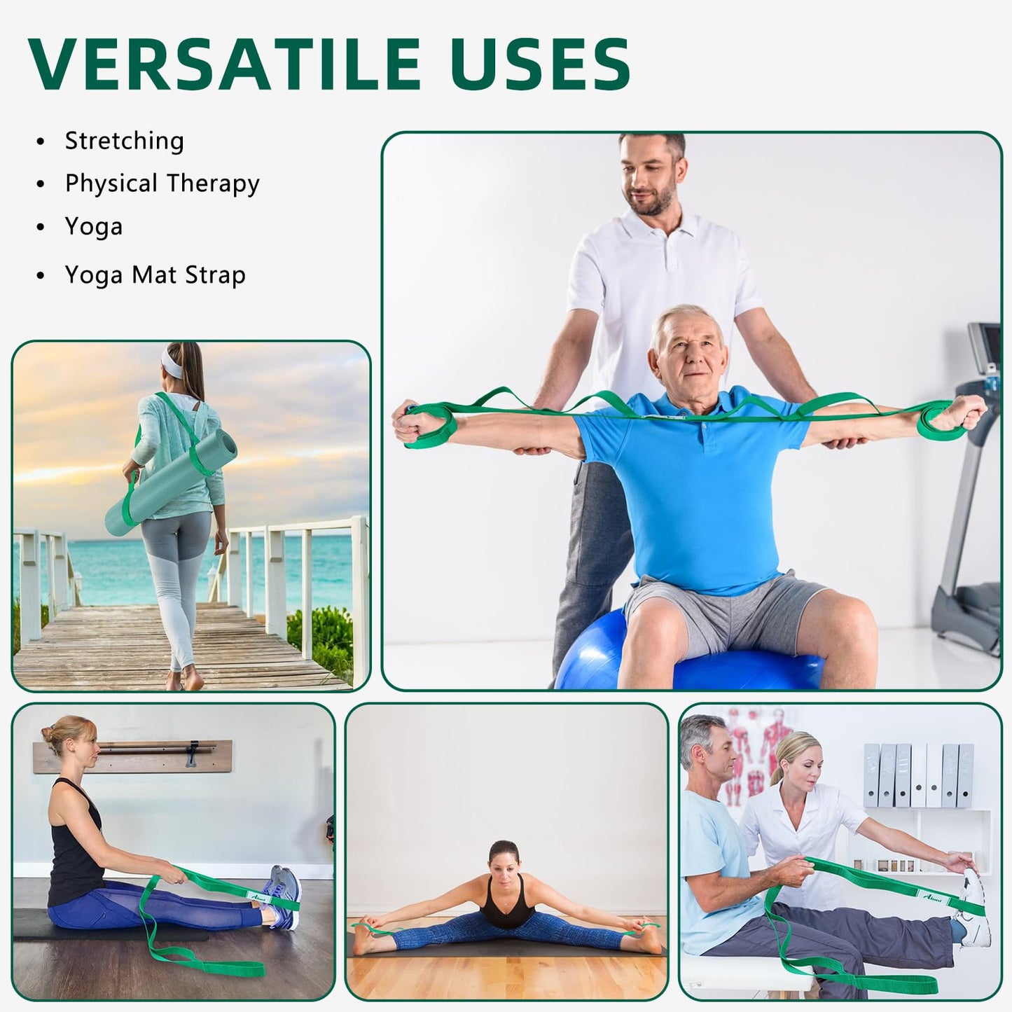 Abiarst Stretching Strap Yoga Straps for Physical Therapy, 10 Loops Non-Elastic Stretch Band for Pilates, Flexibility, Exercise and Gymnastics (Blue)