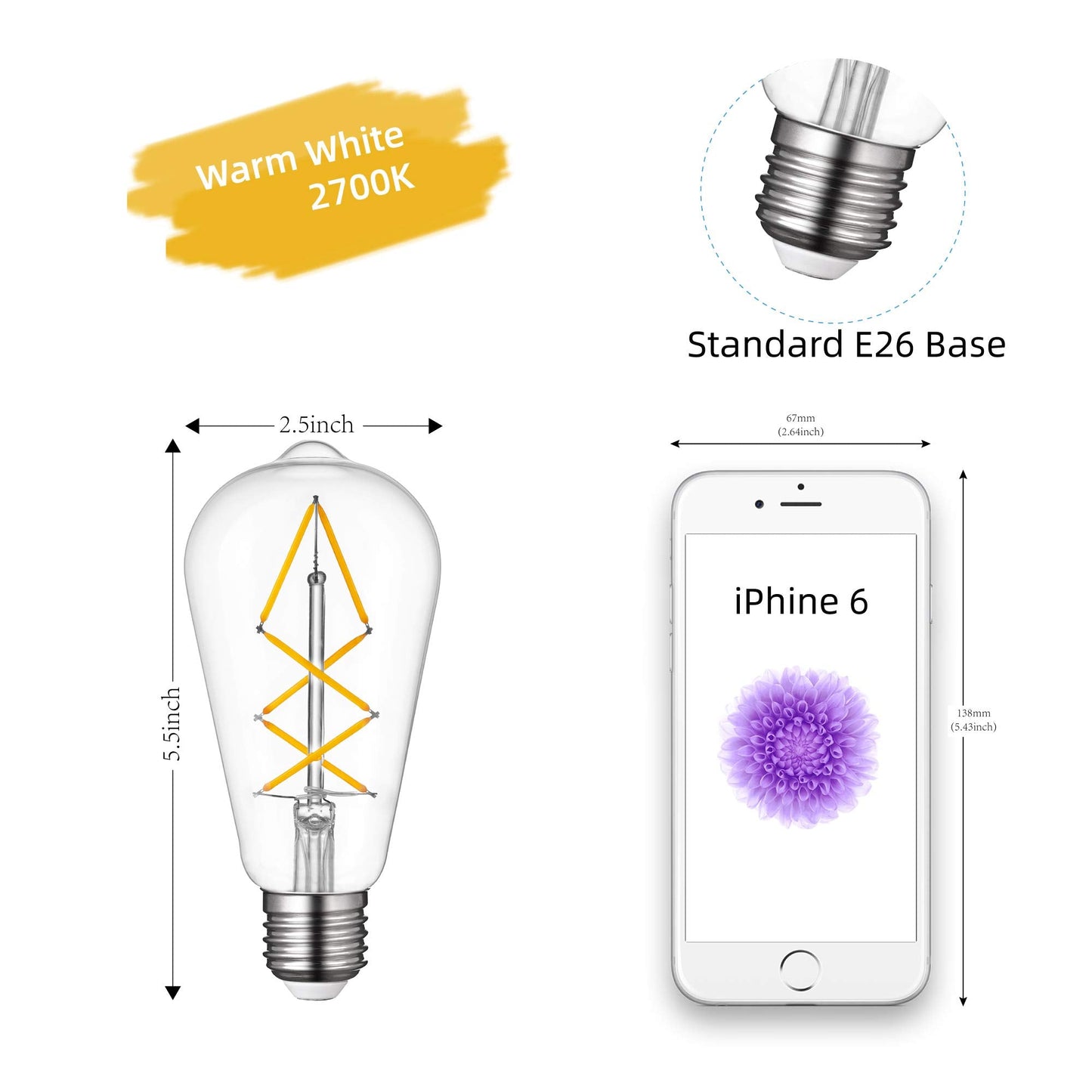 OMED E26 LED Edison Bulb 60W Clear Glass 2700K Warm White Dimmable Pack of 6 Retro Farmhouse Light Bulbs