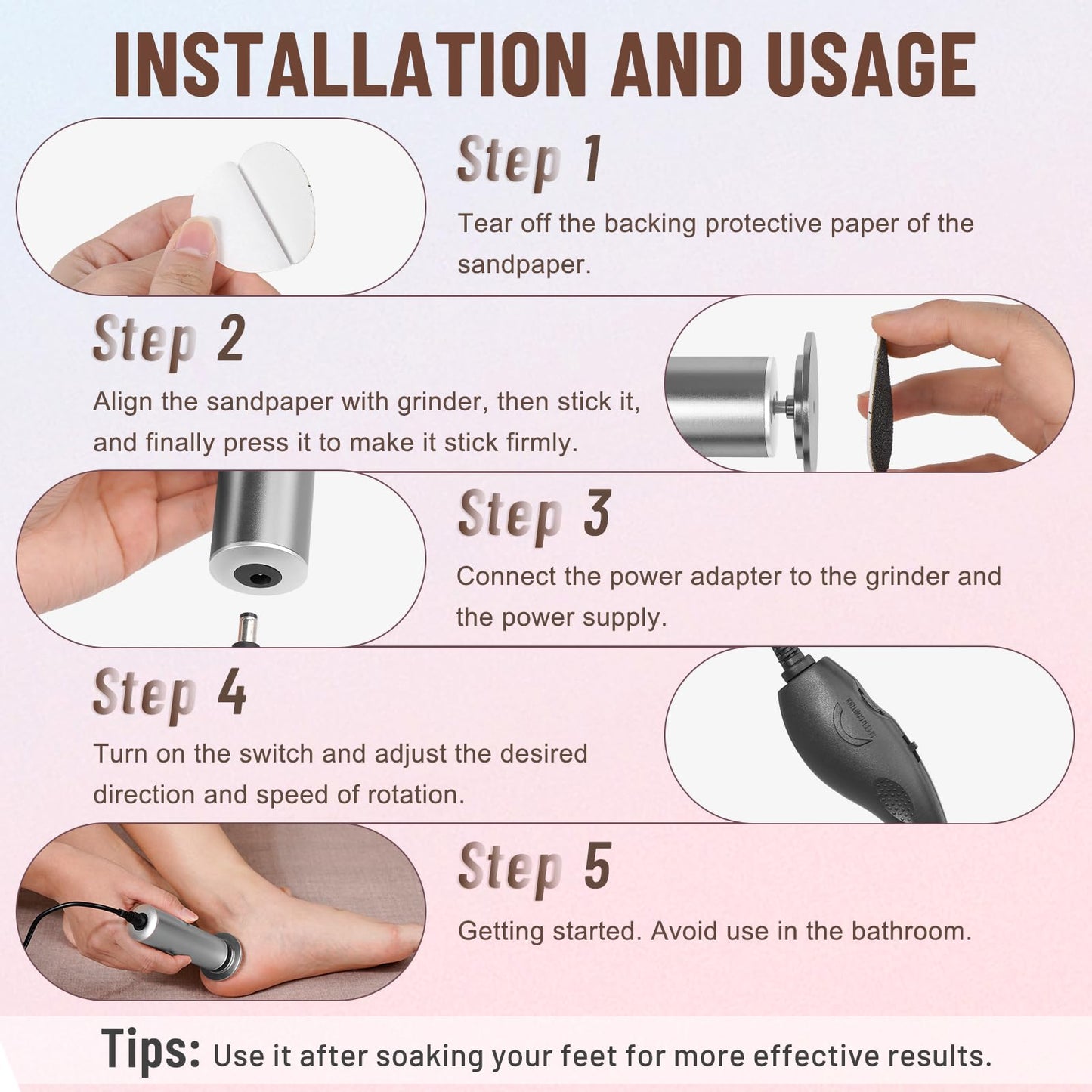 Dermawave Electric Foot File Callus Remover for Feet, Professional Foot Scrubber Sander Grinder for Dead Skin Cracked Heel, Pedi