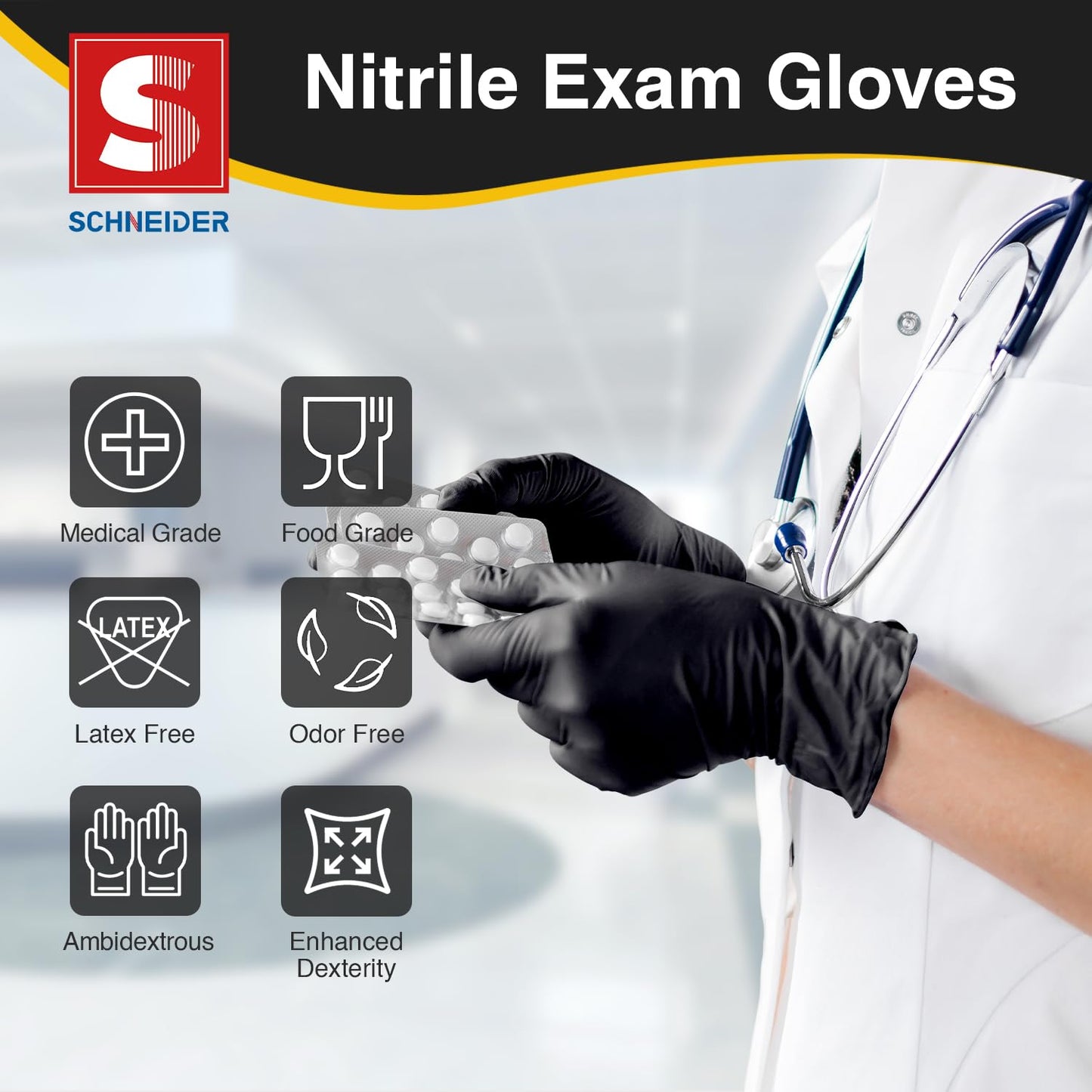 Schneider Nitrile Exam Gloves, Black Latex Free Powder Free Disposable Gloves for Medical, Cooking, Cleaning, and Food Prep (Large, 100)