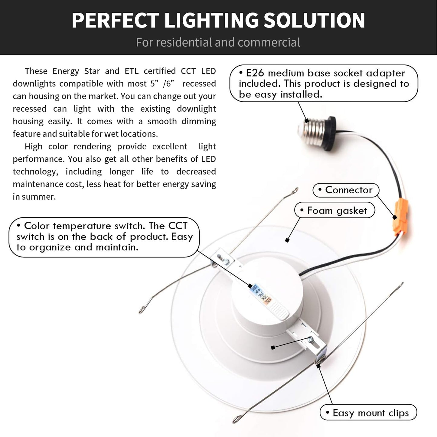 Mw 6 Pack Led Recessed Lighting 6 Inch Retrofit 14W=90W 1100Lm 5Cct 2700K-5000K 6 Led Can Light Retrofit Smooth Trim Ic & Wet Rated Etl & Fcc California Ja8 Certified