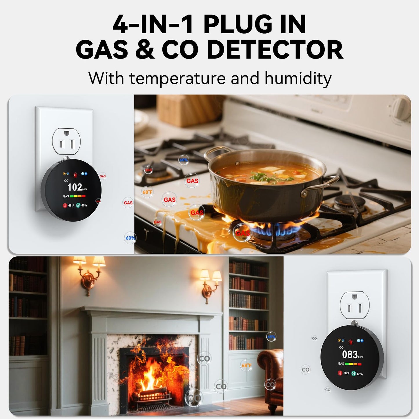 4-in-1 Gas & Carbon Monoxide Detector Plug in, Combination Natural Gas Leak & Carbon Monoxide Alarm, Dual CO & Gas Sensor with Temperature & Humidity