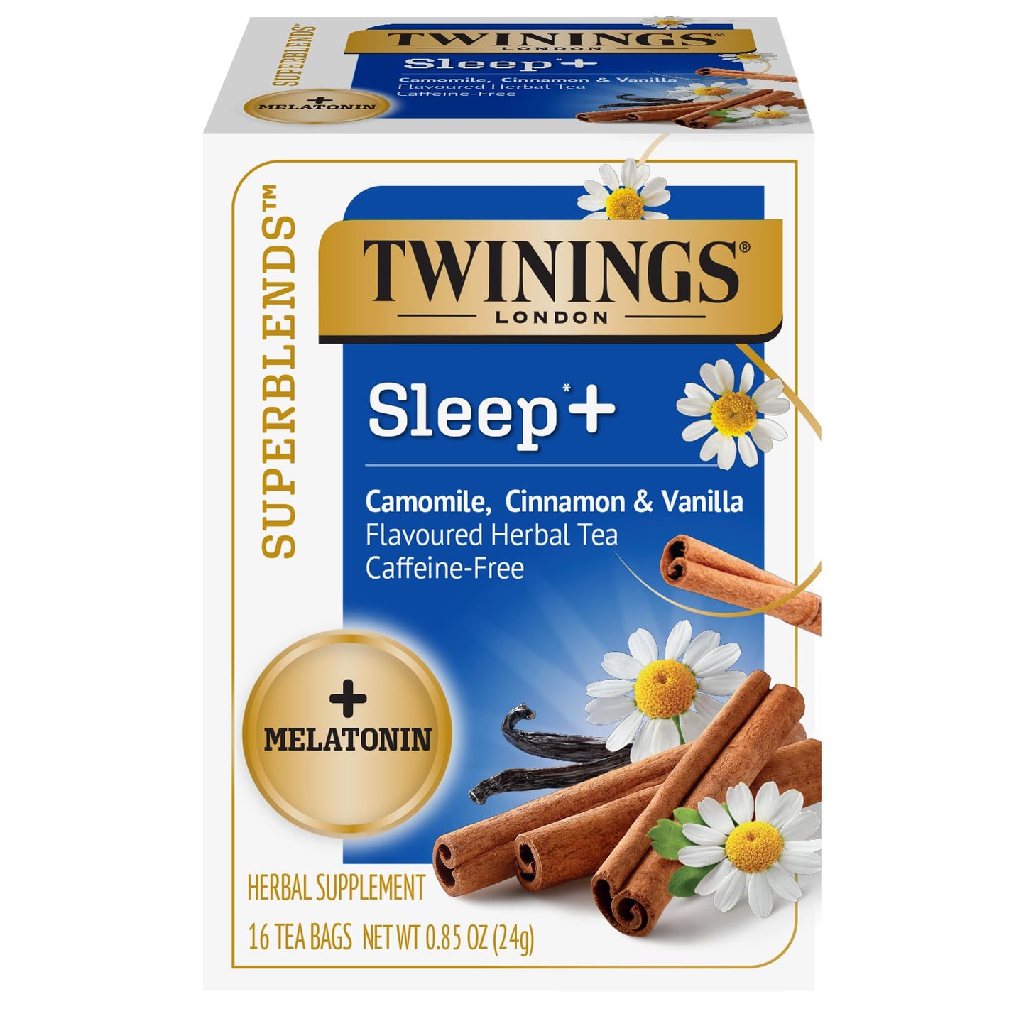 Twinings Superblends Sleep+ Herbal Tea with 1mg Melatonin Camomile Cinnamon & Vanilla Naturally Caffeine-Free 16 Tea Bags (Pack of 1) Enjoy Hot or Iced