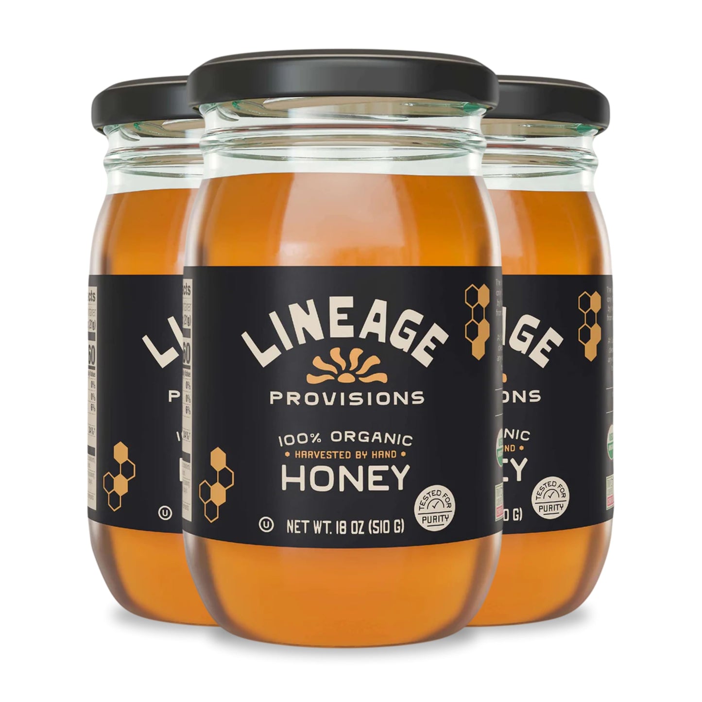 Lineage Provisions 100% Organic Raw Unfiltered Honey - 3-Pack (18 oz Glass Jars) - Undetectable Glyphosate, Chemical-Free, Glute