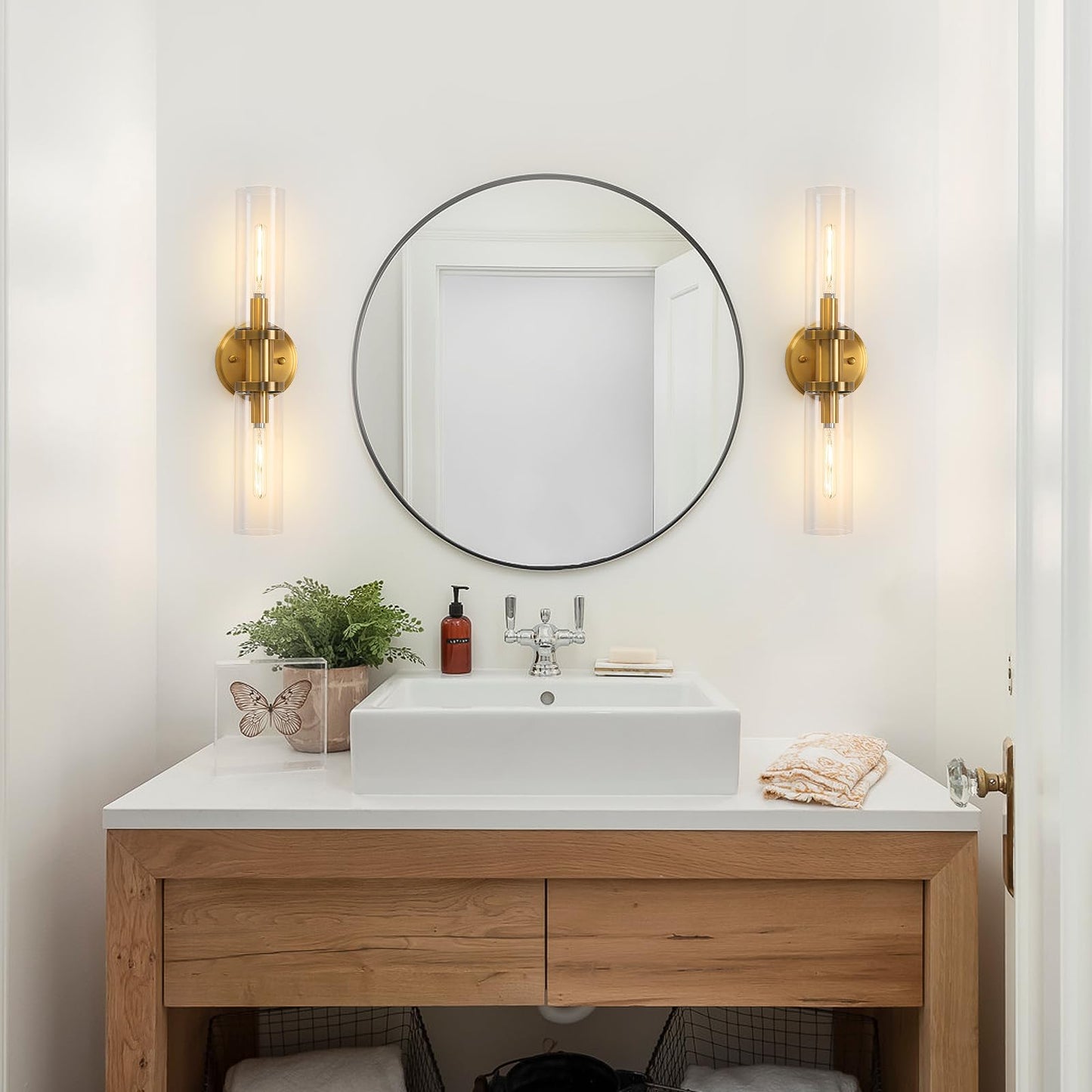 KUZZULL Wall Sconces Set of 2, Brushed Brass Gold, Clear Glass, Modern Lighting Fixtures, 28in, Iron Material