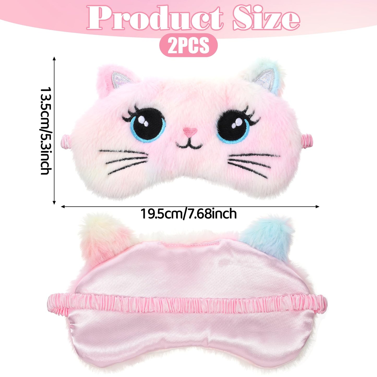 Plush Sleep Mask, 2 Pcs Cute Soft Sleeping Eye Mask Colorful Plush Eye Covers for Sleeping Comfortable Funny Animal Night Sleep Masks for Women Home Travel Sleepover Party (Cat, Rabbit)