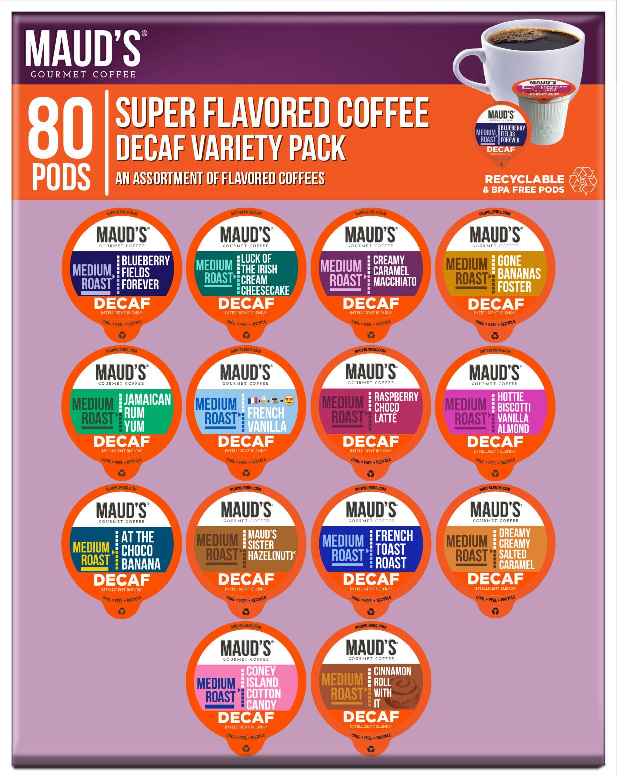 Mauds Flavored Decaf Coffee Pods Variety Pack 80ct | 14 Assorted Blends | 100% Arabica Flavored Coffee | Solar Energy Produced Recyclable Single Serve Coffee Pods Compatible with Keurig K-Cup malt-inspired