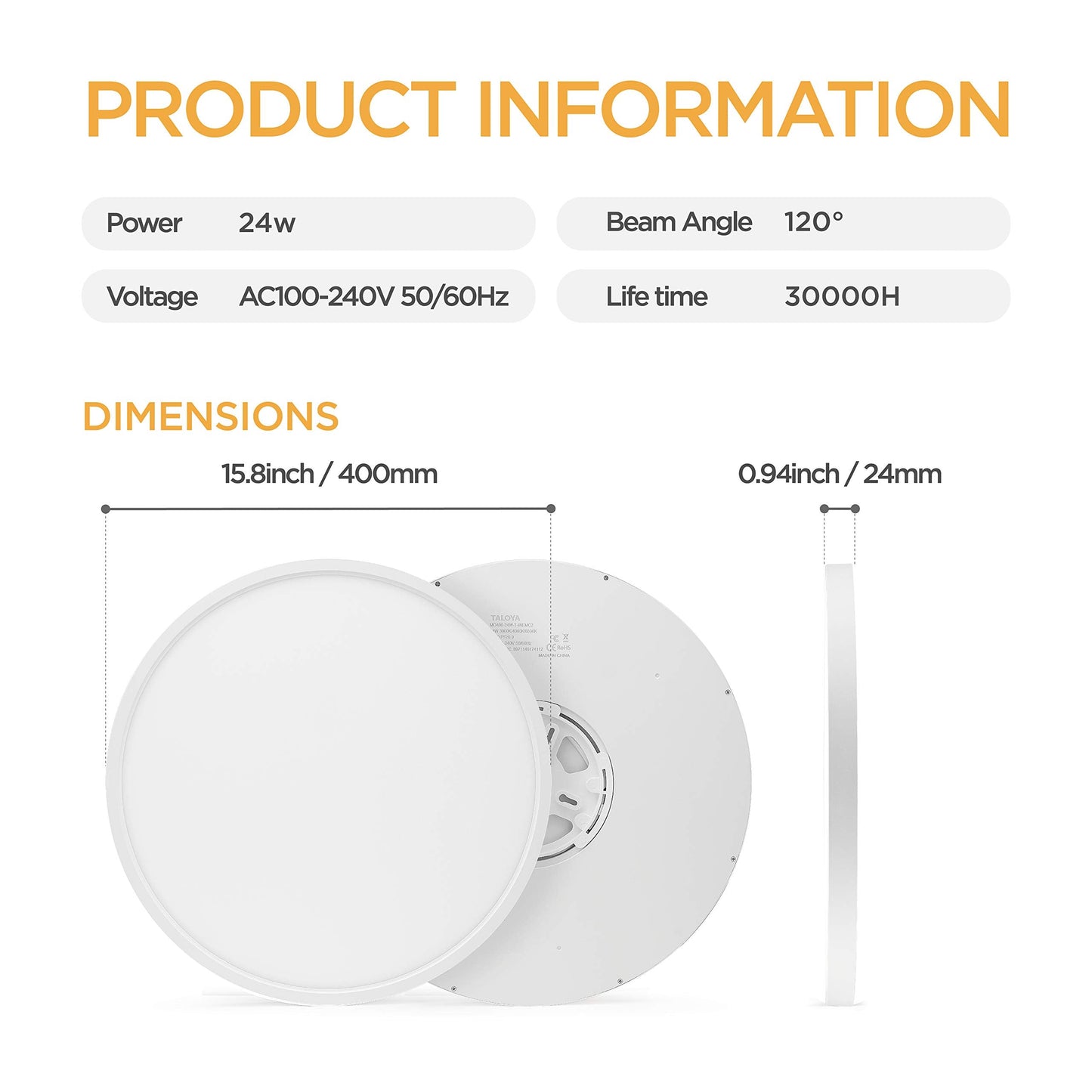 TALOYA LED Ceiling Light Flush Mount, 15.8 Inch, 24W, White, 3 Color Temperatures (3000K/4000K/6000K), Model MO