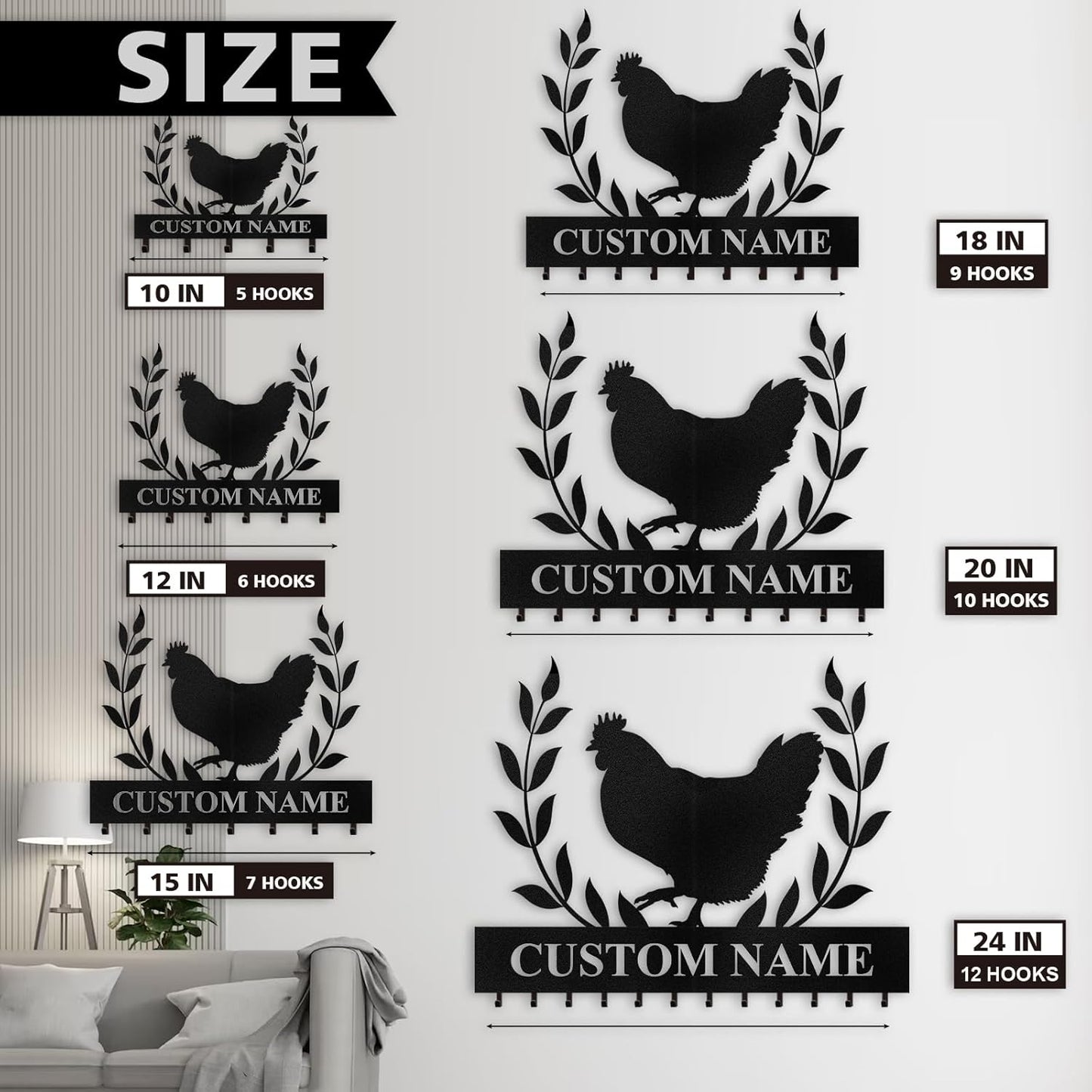 Custom Key Rack Wall Mount - Custom Chicken Metal Coat Hooks for Wall, Coat Rack Organizer, Key Hanger Wall Art Decor, Key Rack Storage for Farmhouse Storeroom Entryway, Housewarming Gifts
