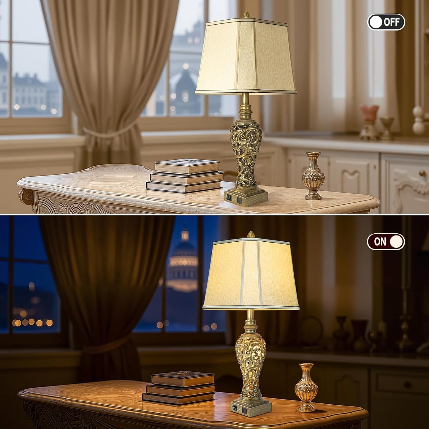 28.5'' Table Lamps Set of 2 for Living Room, Vintage Bedside Lamps with USB A+C Ports & Nightlight, Farmhouse Nightstand Lamps with Faux Silk Shade for Bedroom, Study Room, Office (LED Bulbs Included)