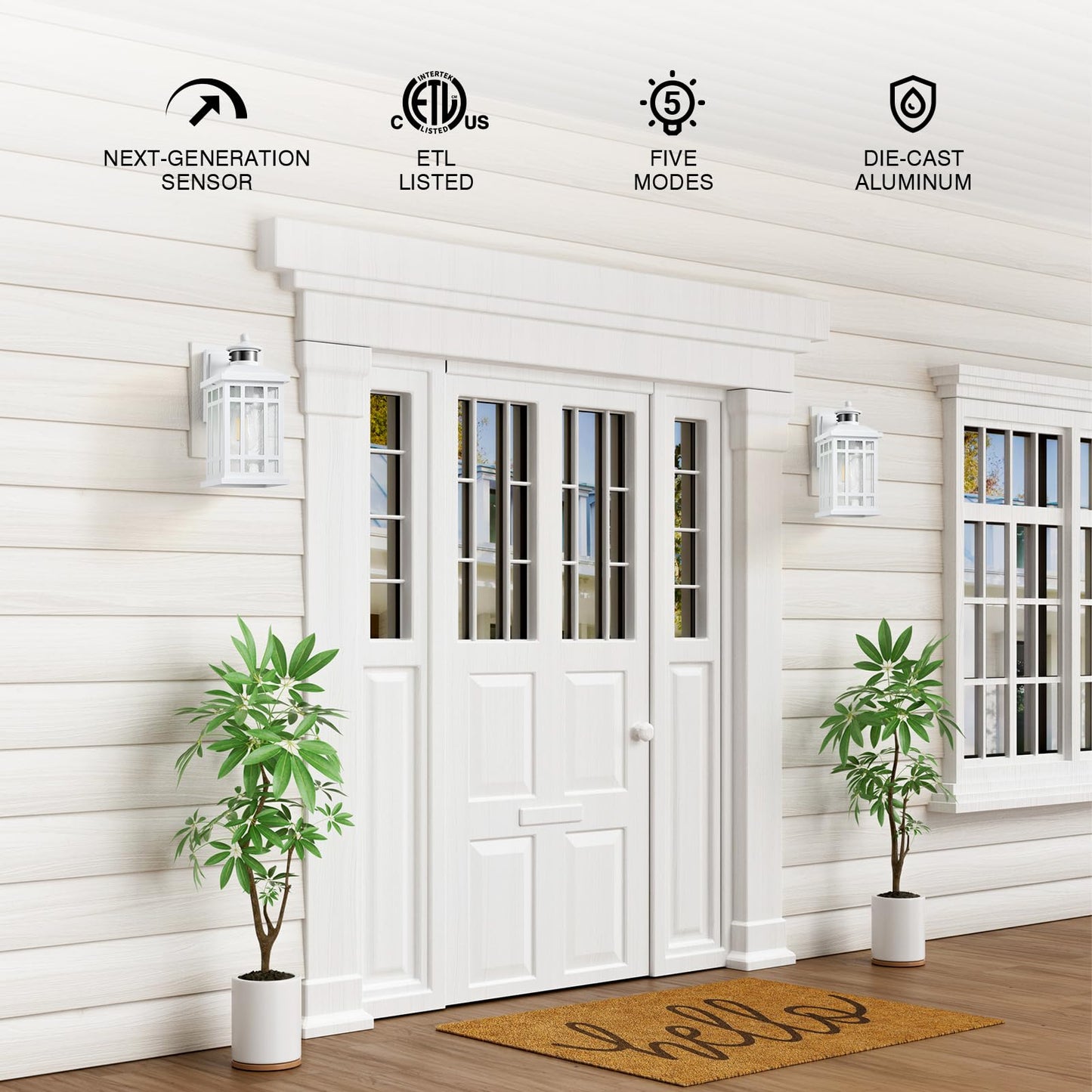 Opaxis White Motion Sensor Outdoor Lights 2-Pack Modern Dusk To Dawn Outside Light With 4 Modes Exterior Lighting Fixtures For House Entry Porch Patio Garage Brightness Distance Adjustable