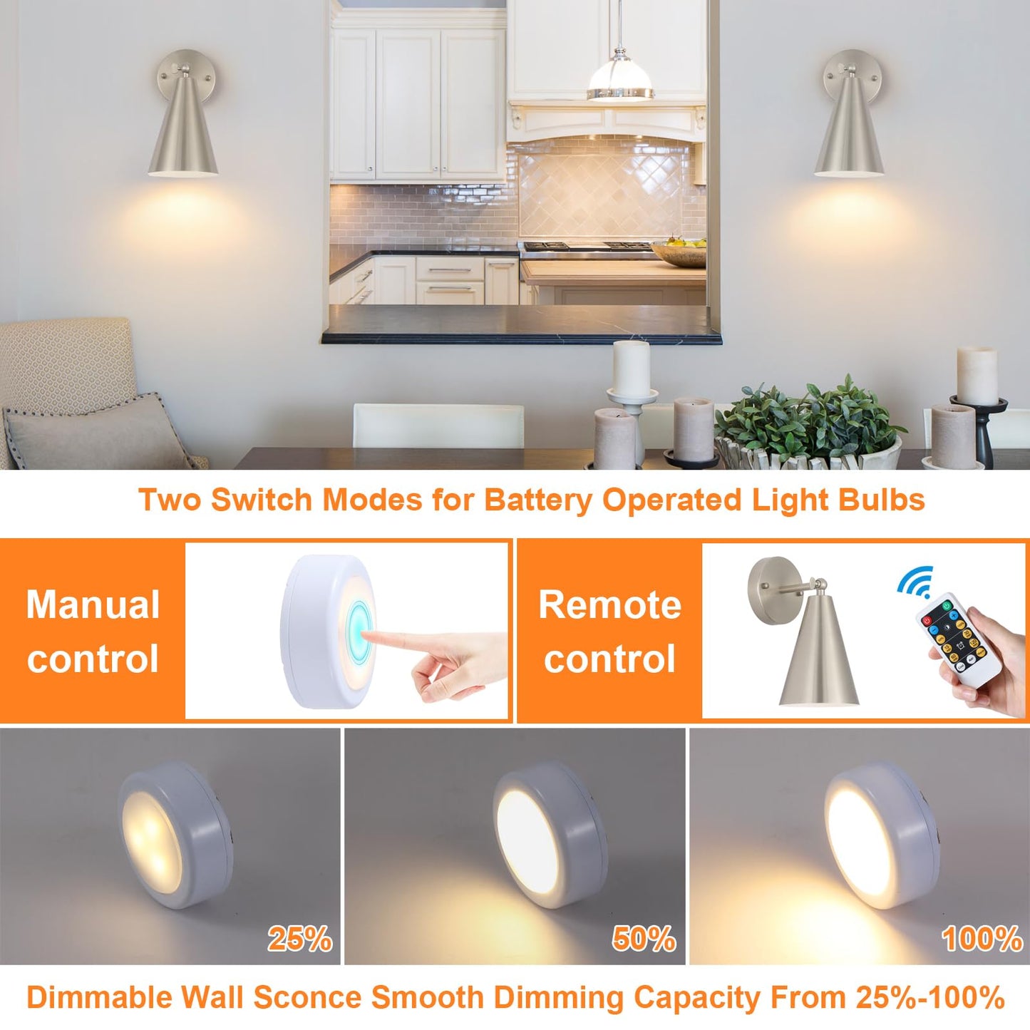 MWZ Wall Sconces Set of Two, Battery Operated, Dimmable, Adjustable Angle, Nickel, Model W-XL125