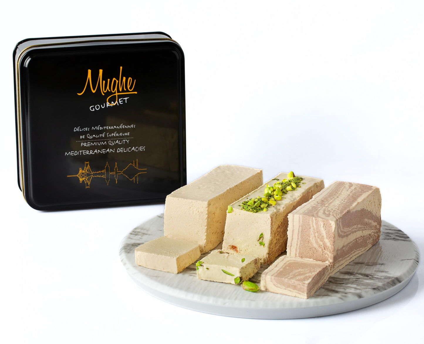Mughe Gourmet Halvah Assortment 1.88lb (850g) Tin Gift Box - 3 Delicious Vegan Marble Tahini Halvah Bars Pistachio, Cocoa, Vanil