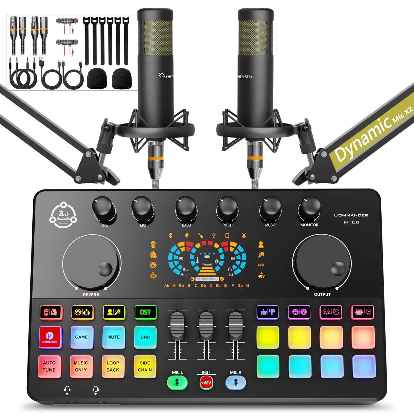 Podcast Equipment Bundle for 2, Audio Mixer with XLR Dynamic Microphone, Voice Change,RGB for Vocal Recording Podcasting,Streami