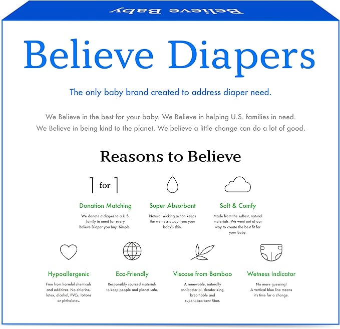 Believe Diapers Size 2 (12-18 Lbs) Viscose Bamboo Diapers 54 Count – Natural Baby Diaper, Chemical Free and Fragrance Free Natural Diaper for Sensitive Skin, Super Absorbent with Leak Protection