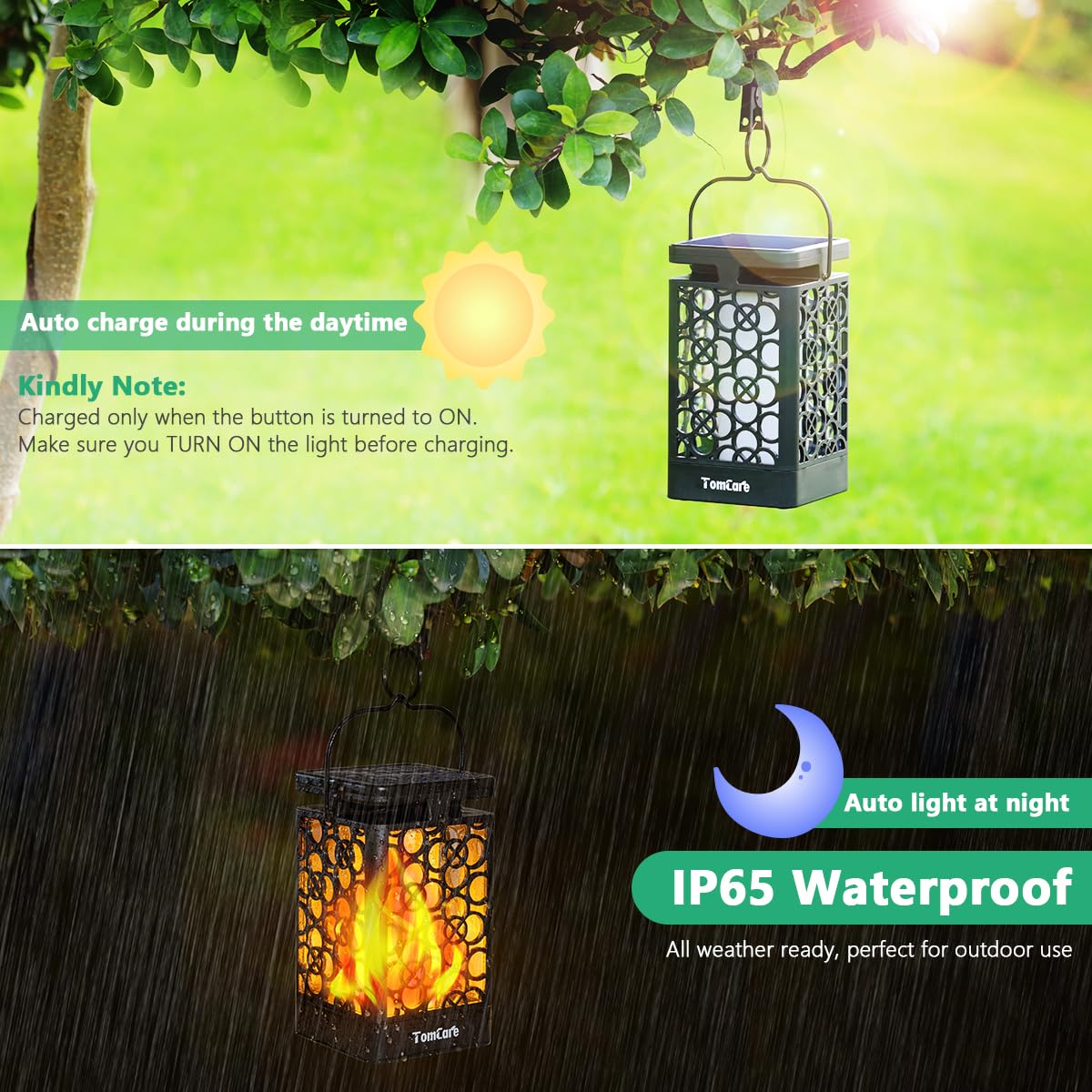 TomCare Solar Lanterns, Flickering Flame, Waterproof LED, 4 Pack, Black, Model SZ-19025
