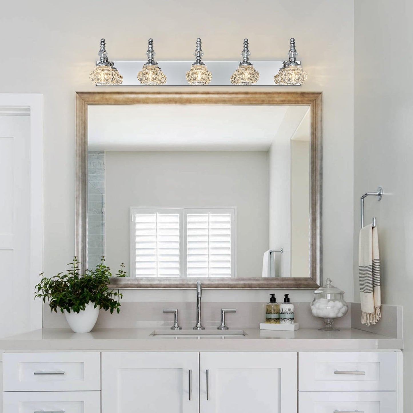 Lbsqj Modern Glass Crystal Vanity Light - Vintage Bathroom Lighting Fixtures Over Mirror 5 Light Vanity Lights G9 Bulb (35.43 Inch Chrome)