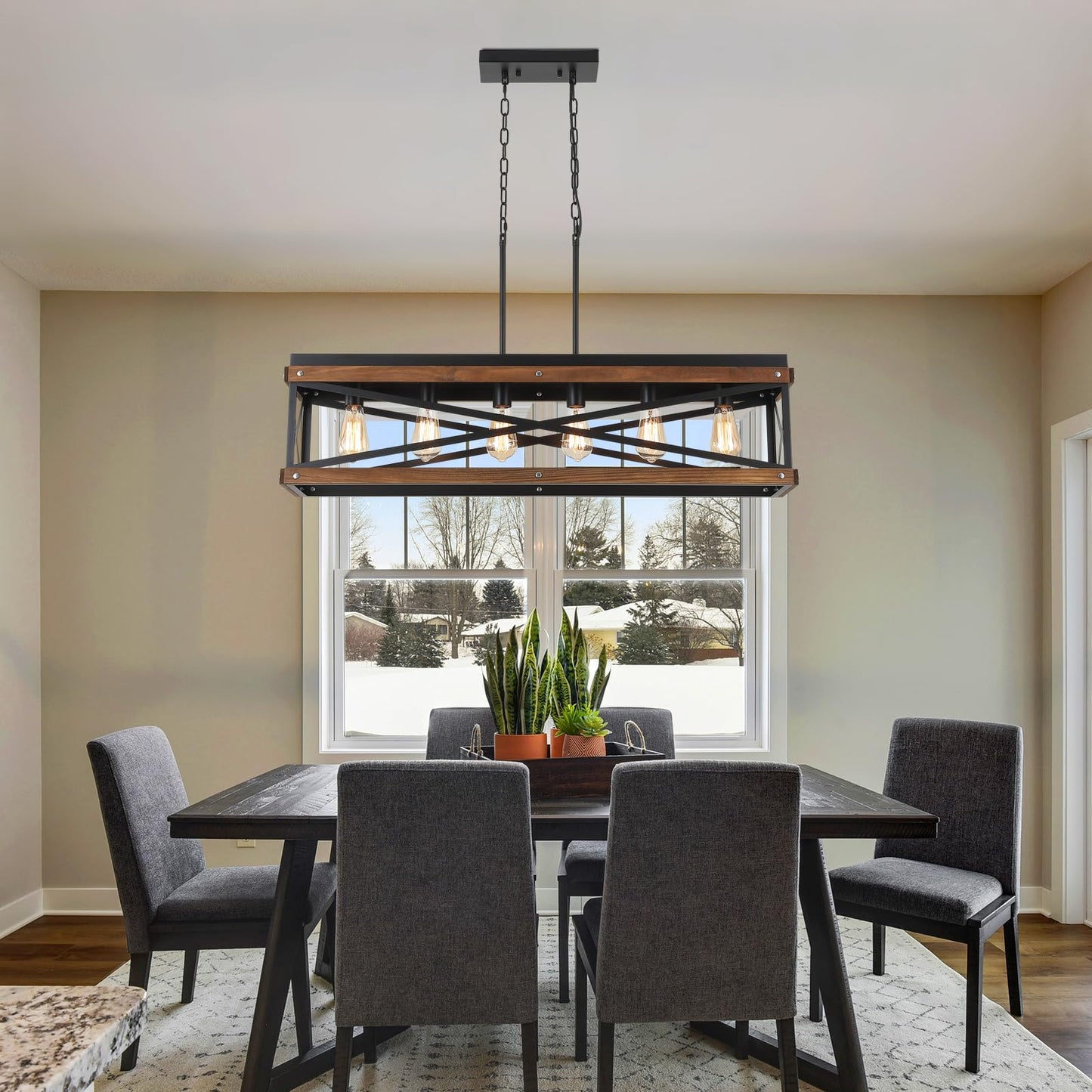 Rustic Farmhouse Wood Kitchen Island Lighting 6 Lights Rectangular Pendant Light Fixture Adjustable Chain Oak Wood And Metal Linear Chandelier For Dining Room Kitchen Island Farmhouse Black