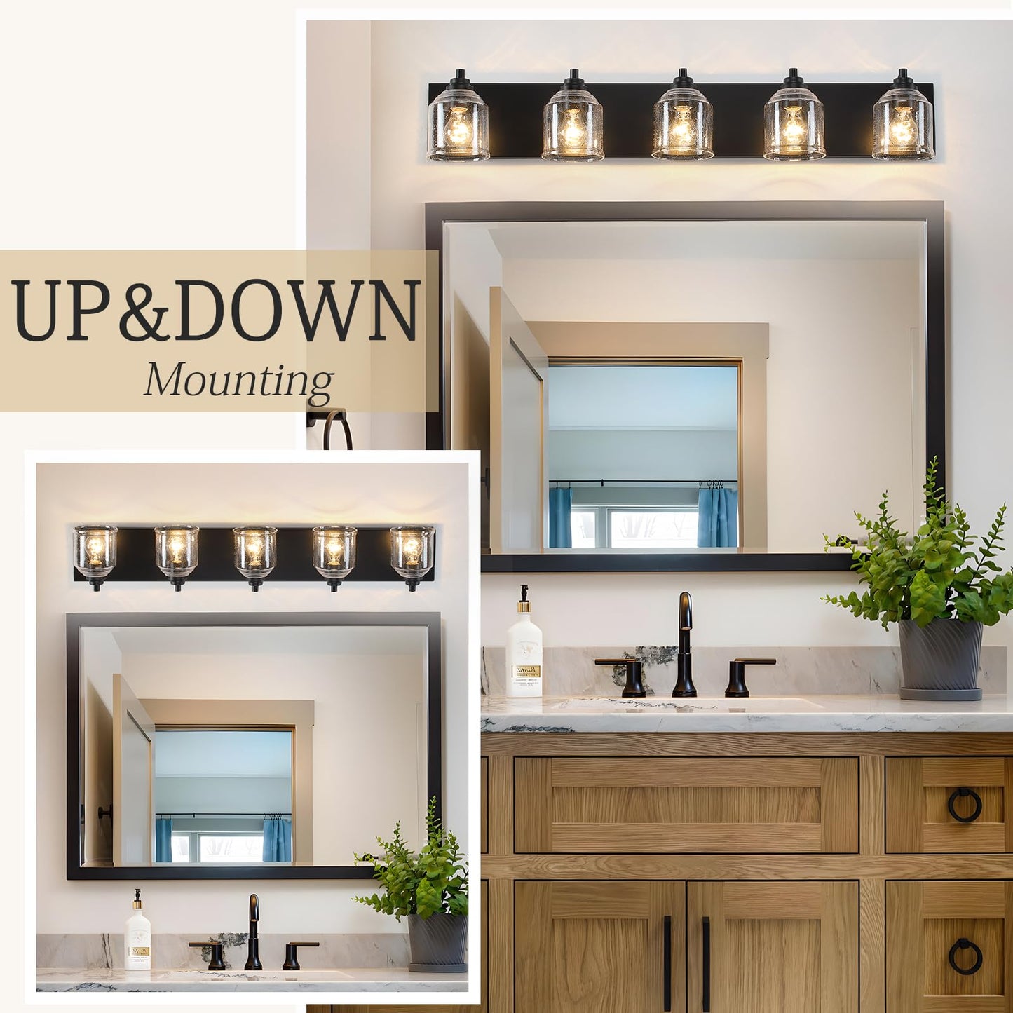 YKLITG Vanity Light 5-Light Black Metal Farmhouse Rustic 40in Bubble Glass Shades BD005 S