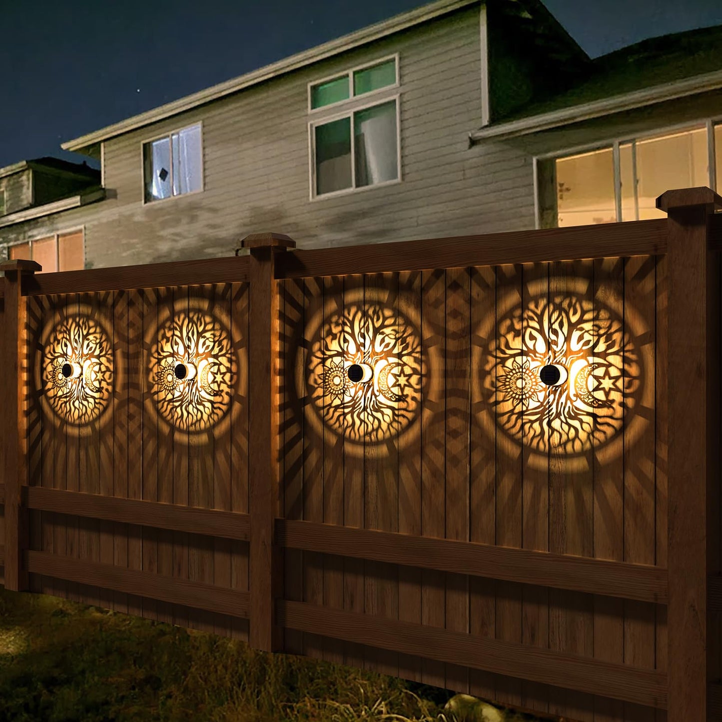 gardencave Solar Fence Lights - Metal, Waterproof, Tree Theme, 4 Pack, Model Fence1
