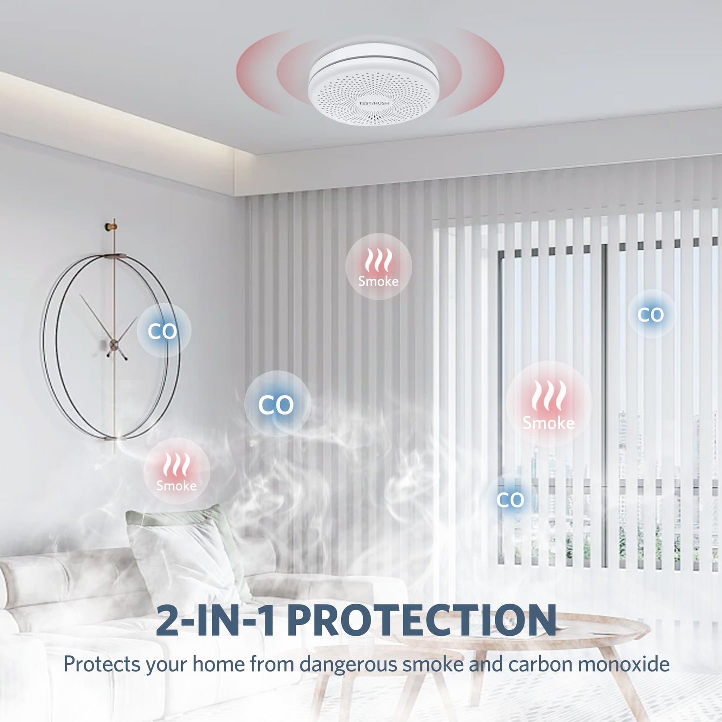 3 Pack Combination Smoke and Carbon Monoxide Detector Alarm, HATHEPHS 10-Year Battery Dual Sensor Fire & CO Alarm with Large Test/Silence Button, Adhesive & Screws Included