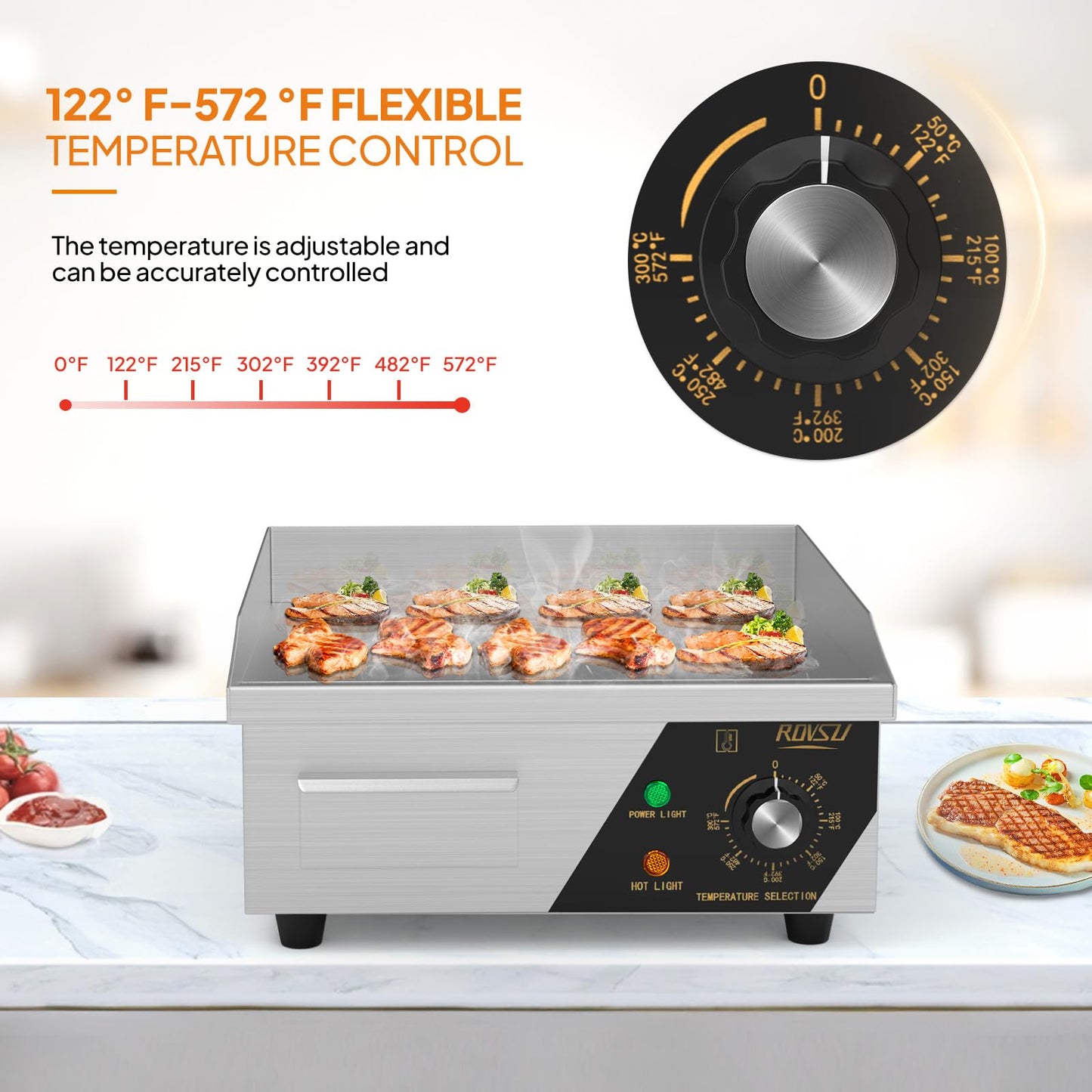 ROVSUN 14" Electric Countertop Flat Top Griddle, 1500W Electric Griddle, Teppanyaki Grill Stainless Steel with Adjustable Temperature Control 122°F-572°F for Home Restaurant Commercial