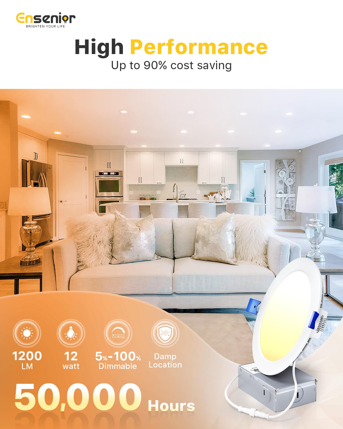 Ensenior 4 Pack 6 Inch LED Recessed Light, Dimmable, 5000K Daylight, 1200LM High Brightness, 12W 120V, 2 Pin, ERL-12X-ETL, Damp Rated, Ultra-Thin Canless Wafer Ceiling Light - ETL & FCC & IC