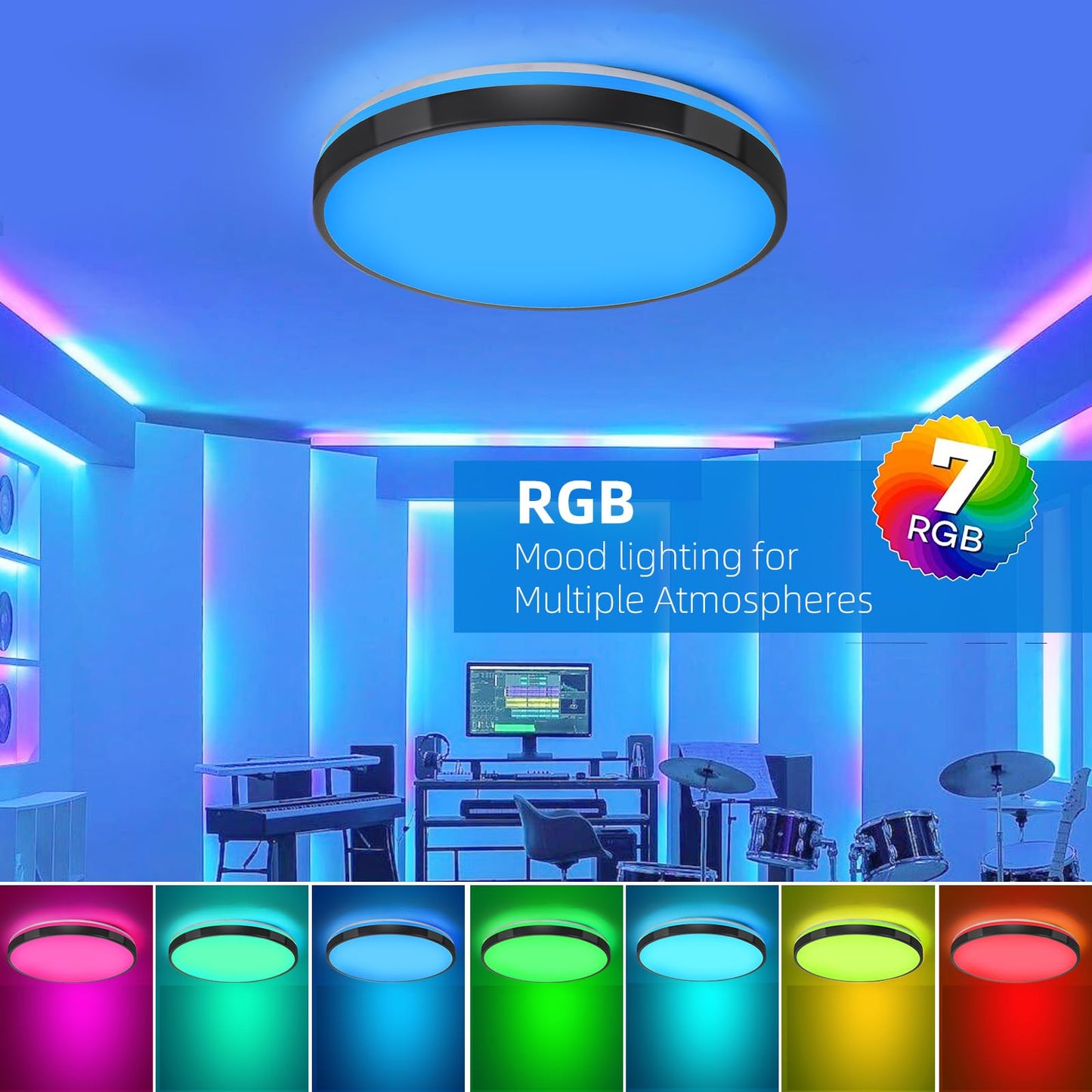 HOREVO 24W LED Ceiling Lamp with Bluetooth Speaker, Remote Control, RGB Color Changing, Large, Black, Model X003