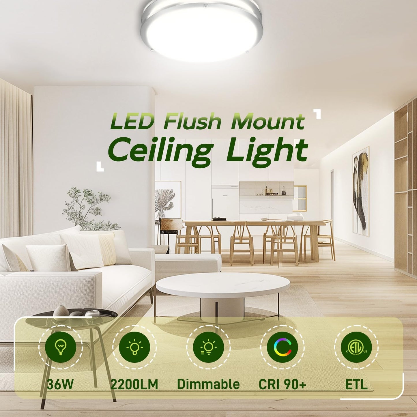 hykolity LED Flush Mount Ceiling Light, 16 inch, Brushed Nickel, 36W, 2200LM, Model HBCE-16C-N5CCT, Dimmable