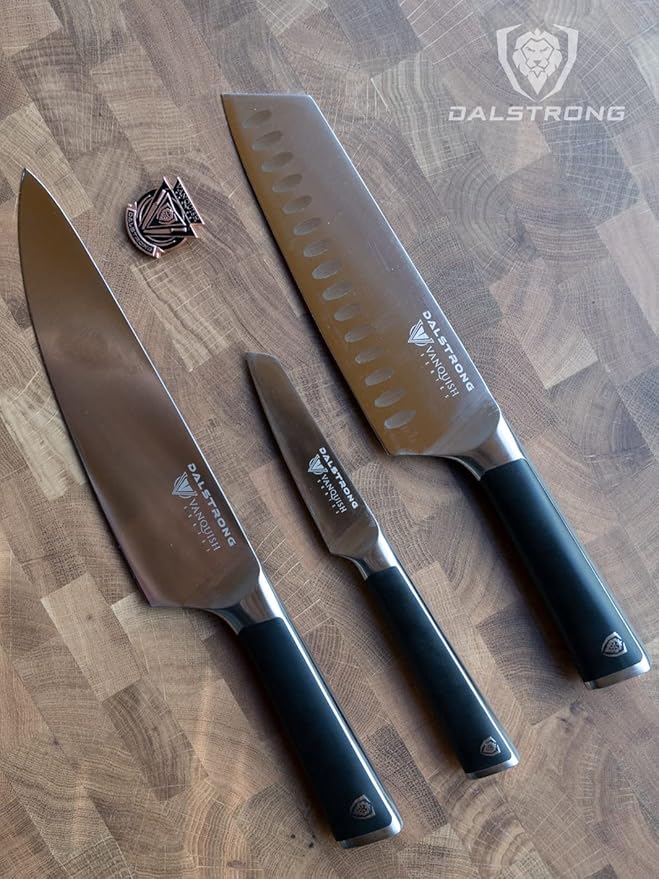 Dalstrong 3pc Knife Set - Vanquish Series - Forged High Carbon German Steel - Black Handle - Chef Knife, Santoku and Paring - Razor Sharp Kitchen Set - NSF Certified