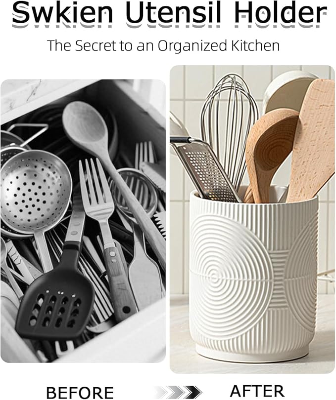 Utensil Holder, 7.2" Kitchen Utensil Holder for Counter, 2-in-1 Ceramic Cooking Utensils Holders with Spoon Rest, Utensil Crock for Spatula, Ideal Housewarming Gift (White)